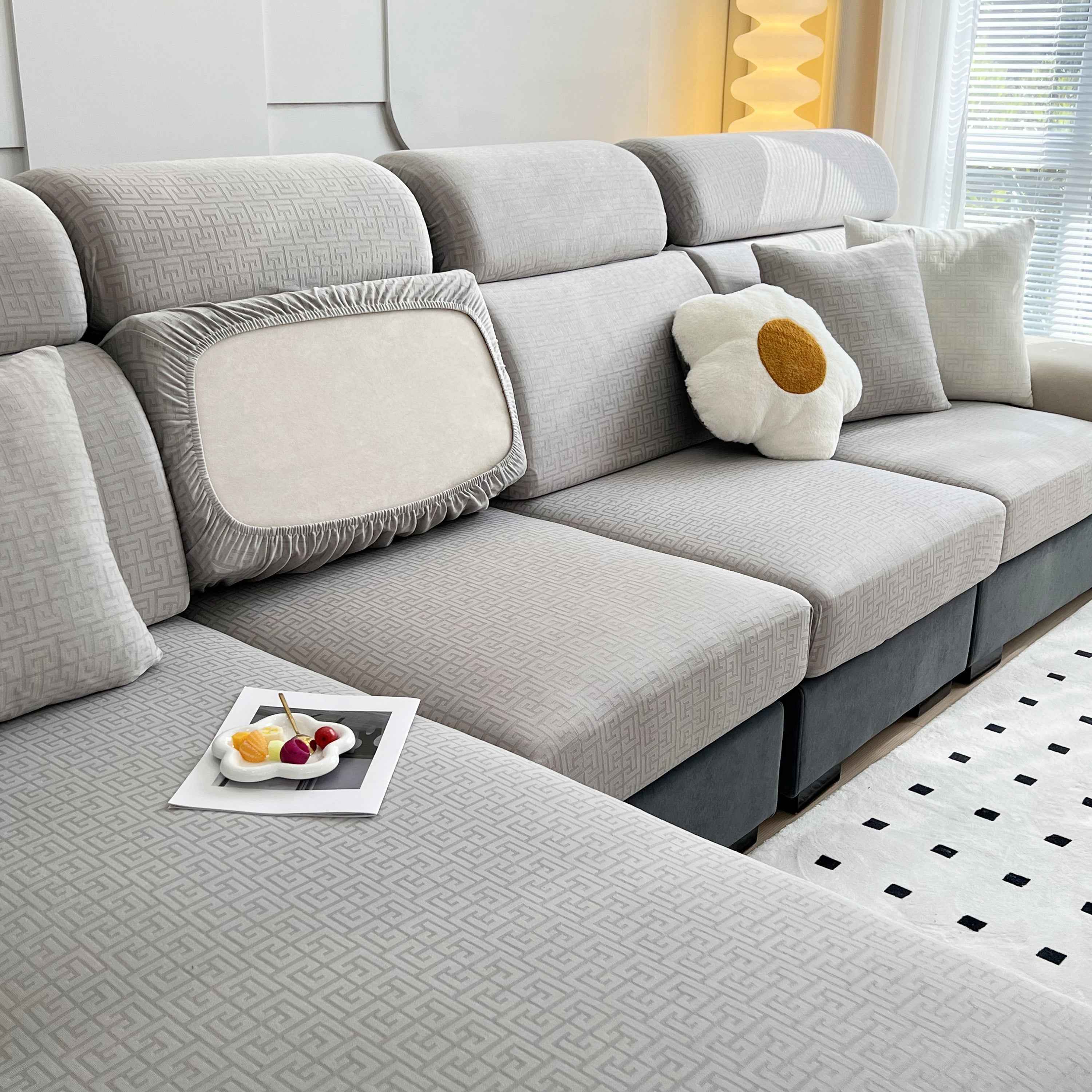 Vedic Chant Jacquard Fleece Fabric Stretch Cushion Cover, Non-Slip Furniture Protector for Kids, Chaise Lounge Cushion Covers