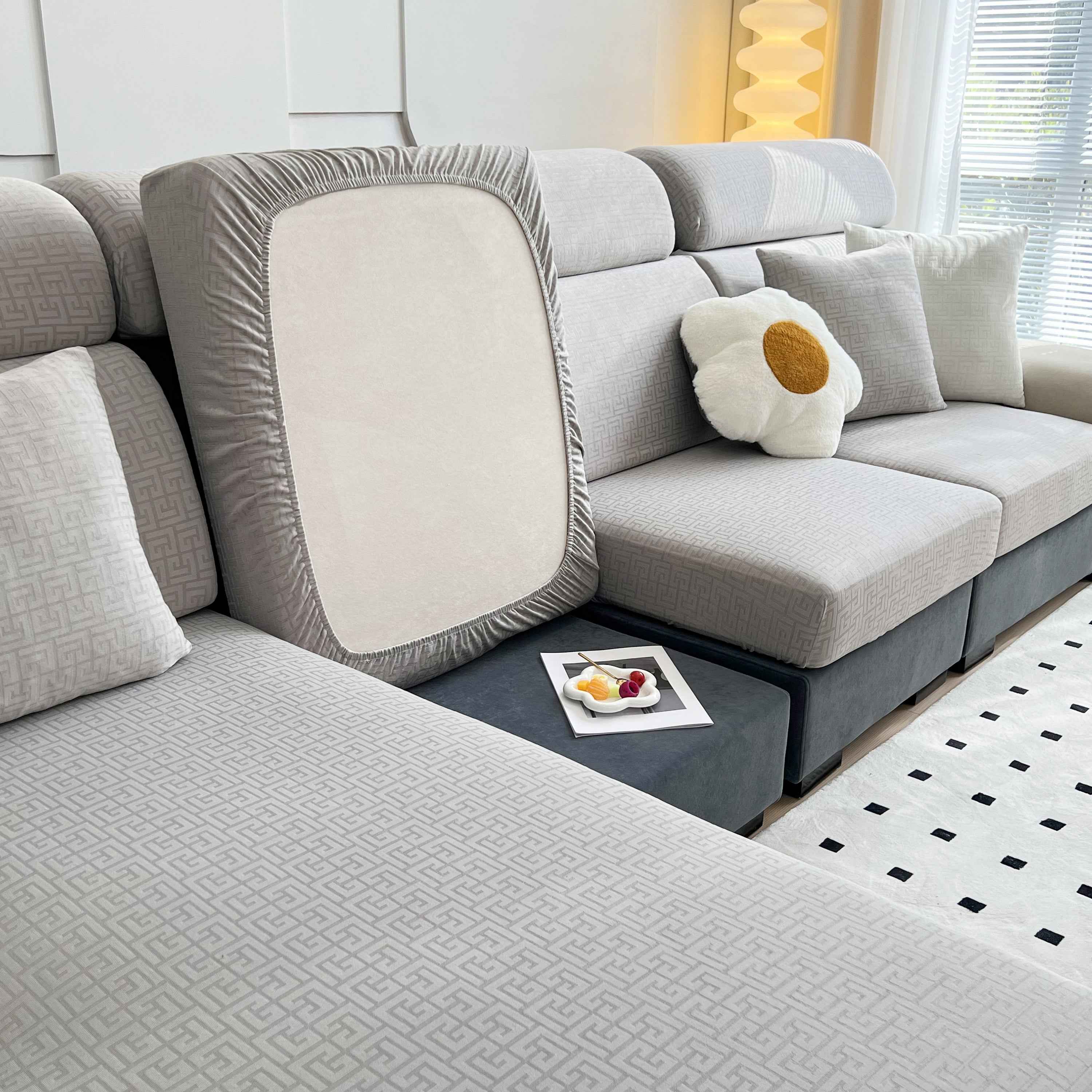 Vedic Chant Jacquard Fleece Fabric Stretch Cushion Cover, Non-Slip Furniture Protector for Kids, Chaise Lounge Cushion Covers