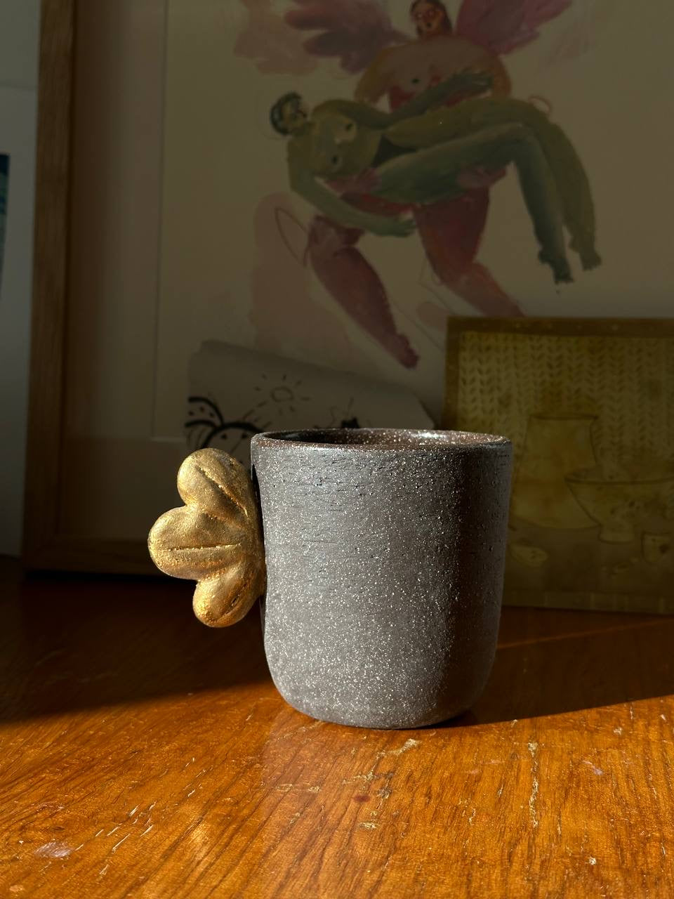 Handmade Stoneware Coffee Cup "Pumpernickel" with Gold Wing