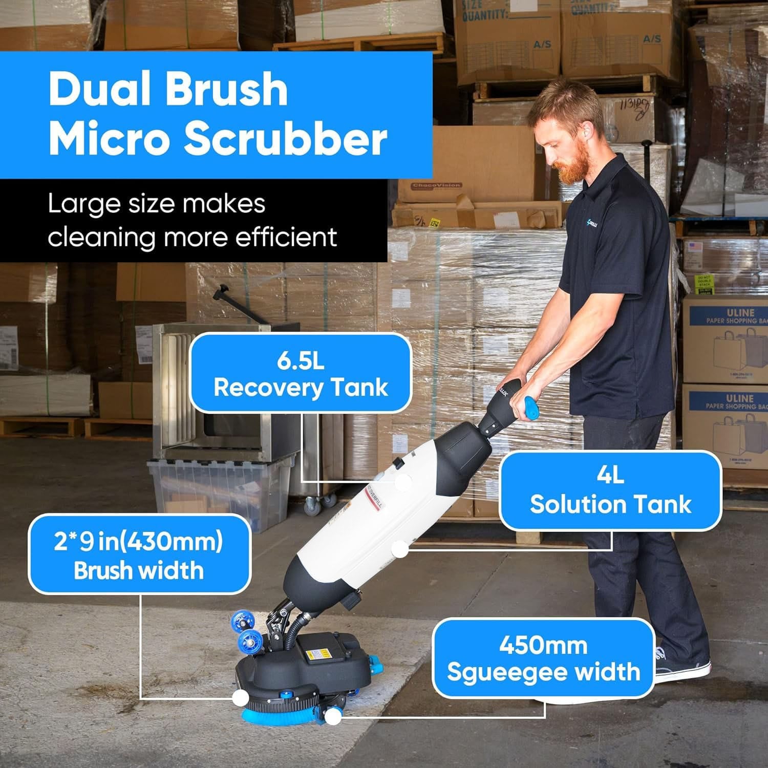 Prolux PLCC430BN Cordless Commercial Micro Dual Brush Floor Cleaner, Scrubber and Buffer