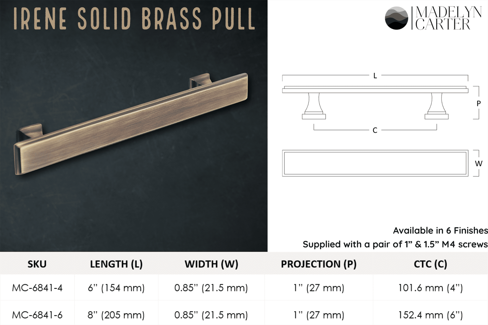 Irene Solid Brass Drawer Pull - 4 Inch Centers