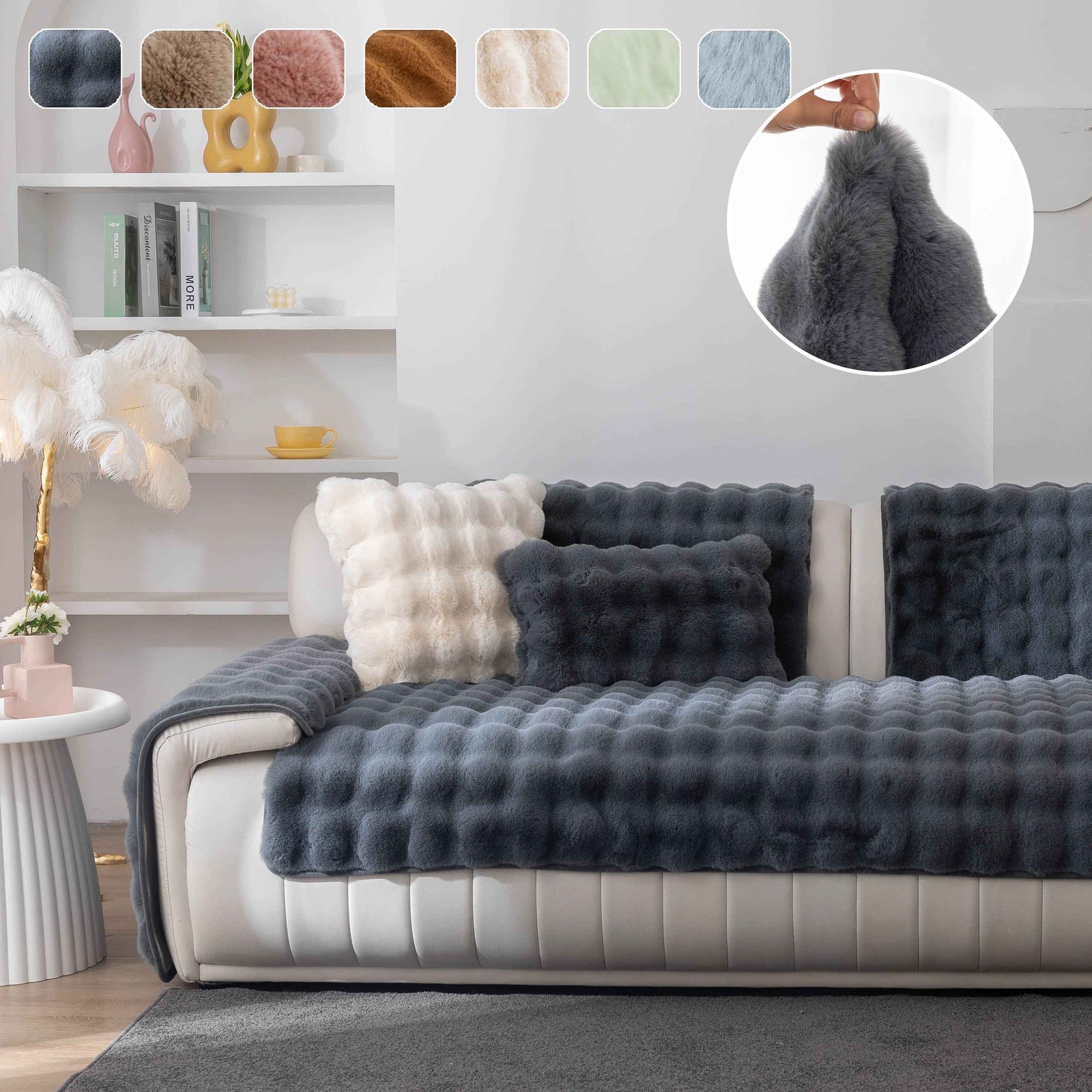 Thick Sofa Cushion Solid Color Faux Fur Fluffy Sofa Cushion Non-Slip Couch Covers
