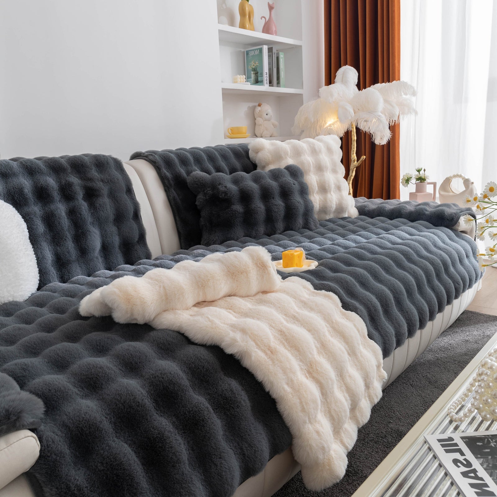 Thick Sofa Cushion Solid Color Faux Fur Fluffy Sofa Cushion Non-Slip Couch Covers