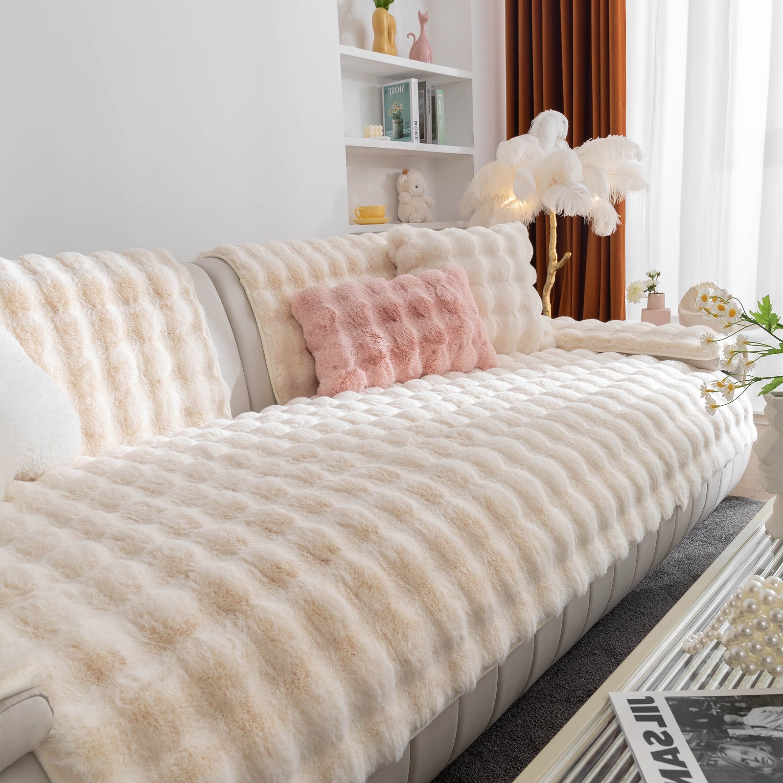 Thick Sofa Cushion Solid Color Faux Fur Fluffy Sofa Cushion Non-Slip Couch Covers