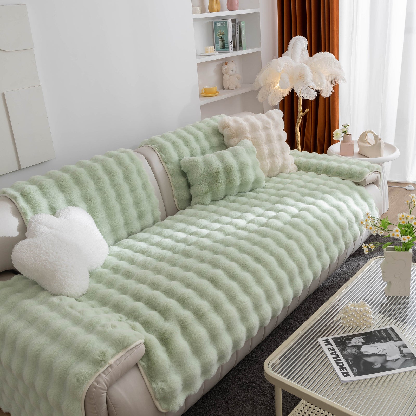 Thick Sofa Cushion Solid Color Faux Fur Fluffy Sofa Cushion Non-Slip Couch Covers