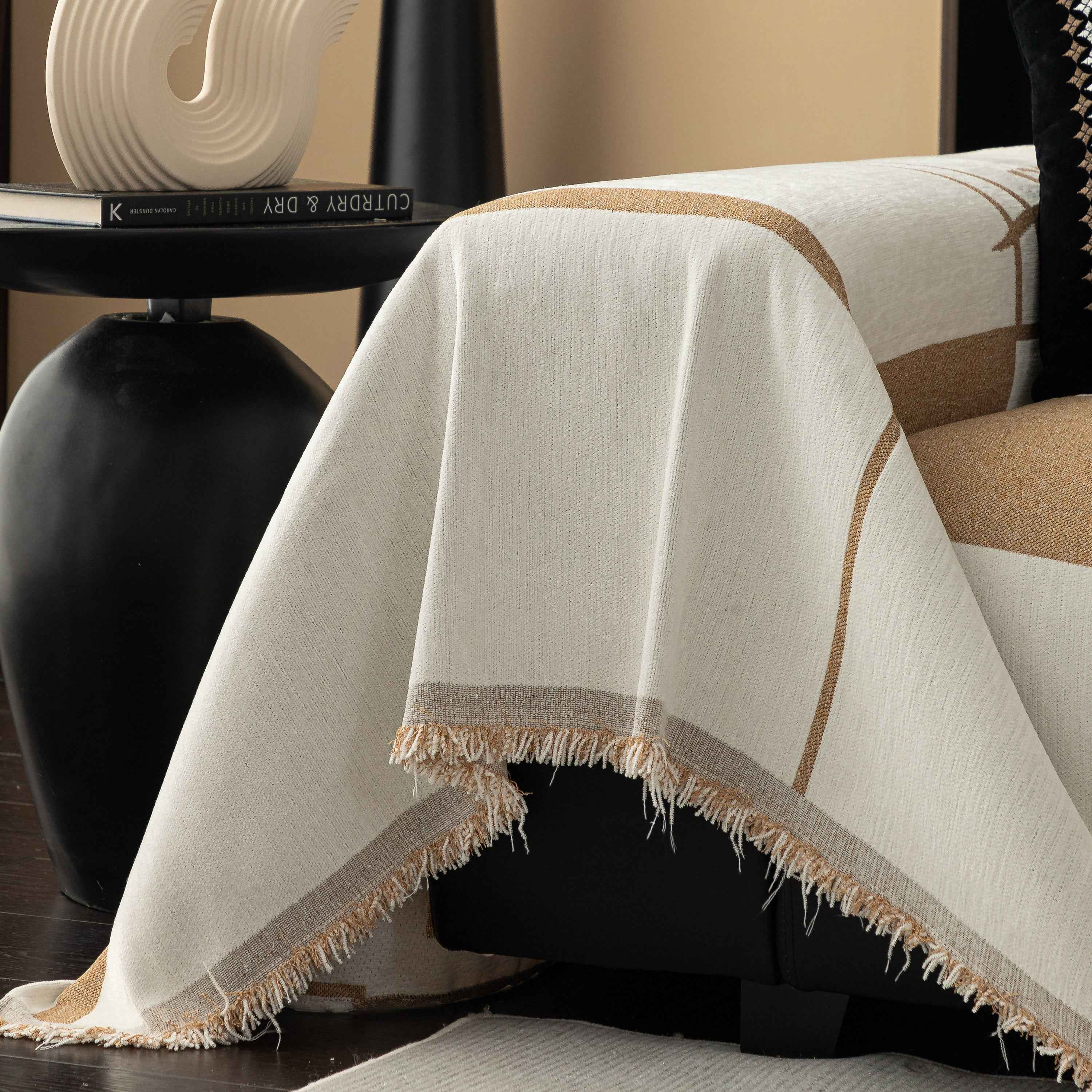 Modern Plaid Heavy Duty Sofa Throw Blanket, Boho Farmhouse Couch Cover with Tassel