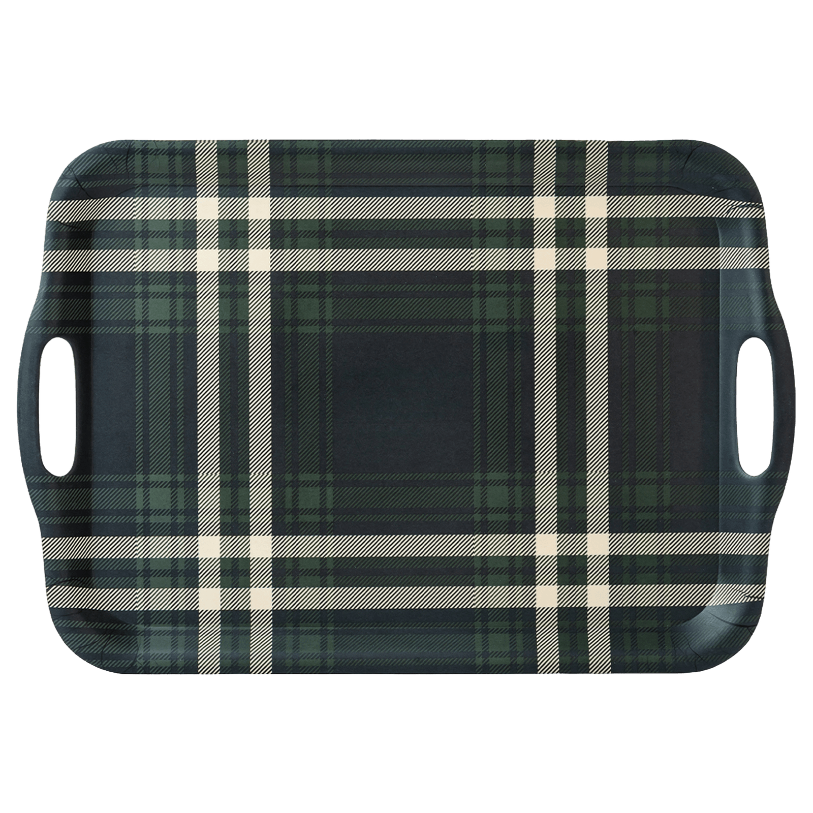 Navy Green Plaid Large Melamine Tray with Handles