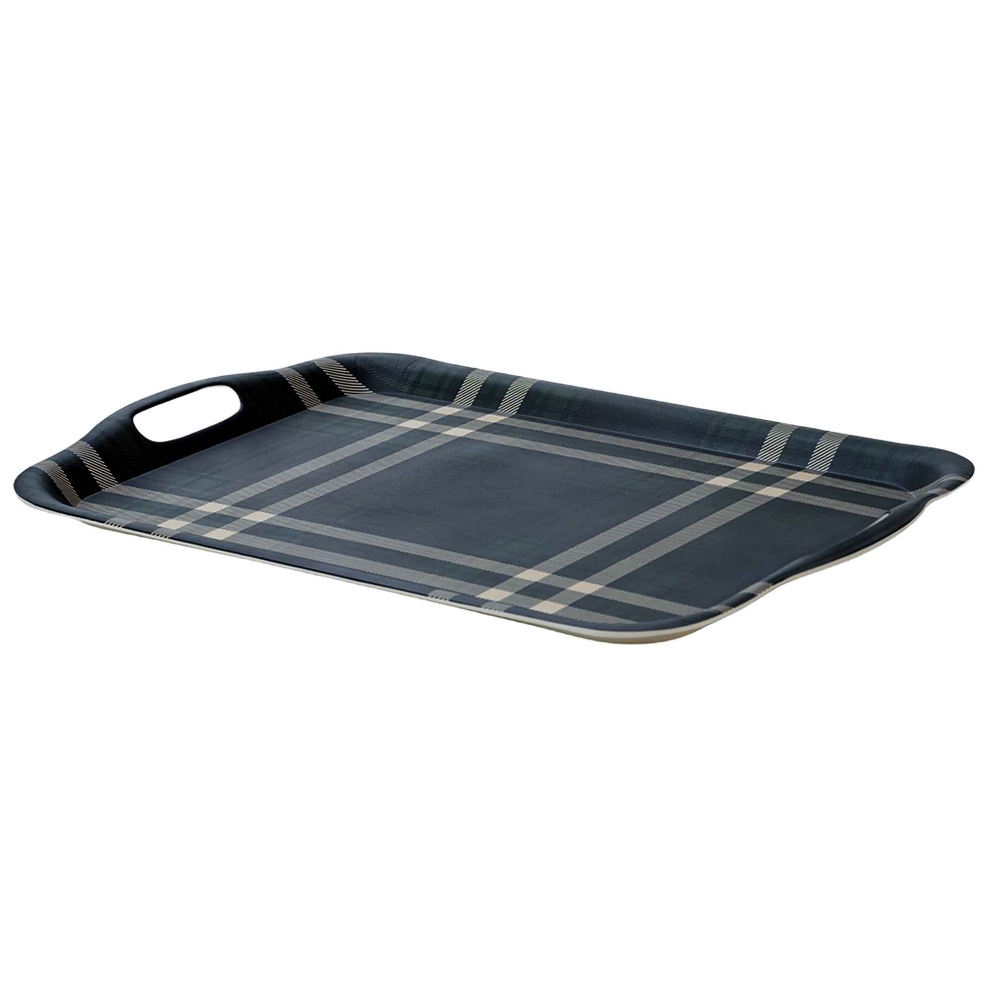 Navy Green Plaid Large Melamine Tray with Handles