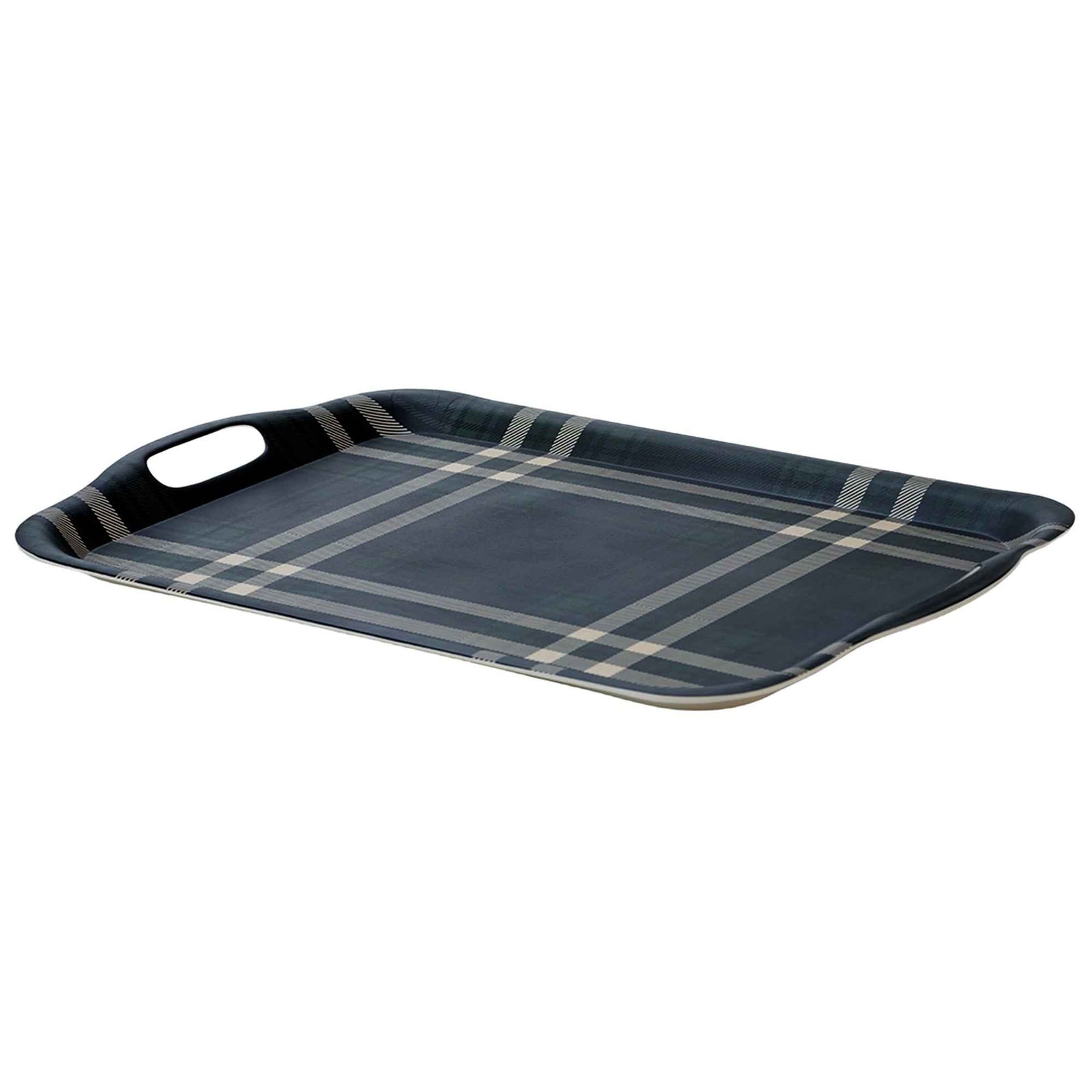 Navy Green Plaid Large Melamine Tray with Handles