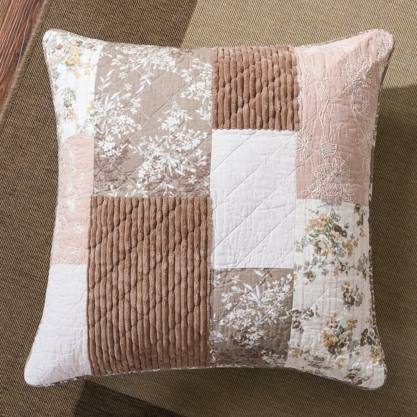 DaDa Bedding Vintage Patchwork Dusty Rose Taupe & Tan Beige Brown Floral Euro Pillow Sham Cover, 26
