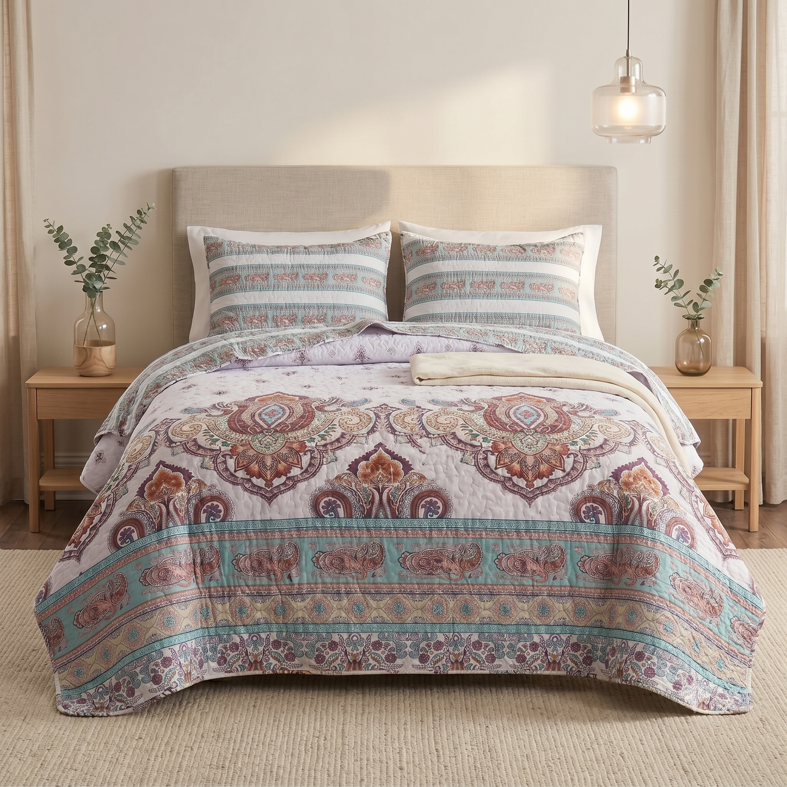 DaDa Bedding Bohemian Summertime White Blue Floral Paisley Bedspread Set (KSX-003)