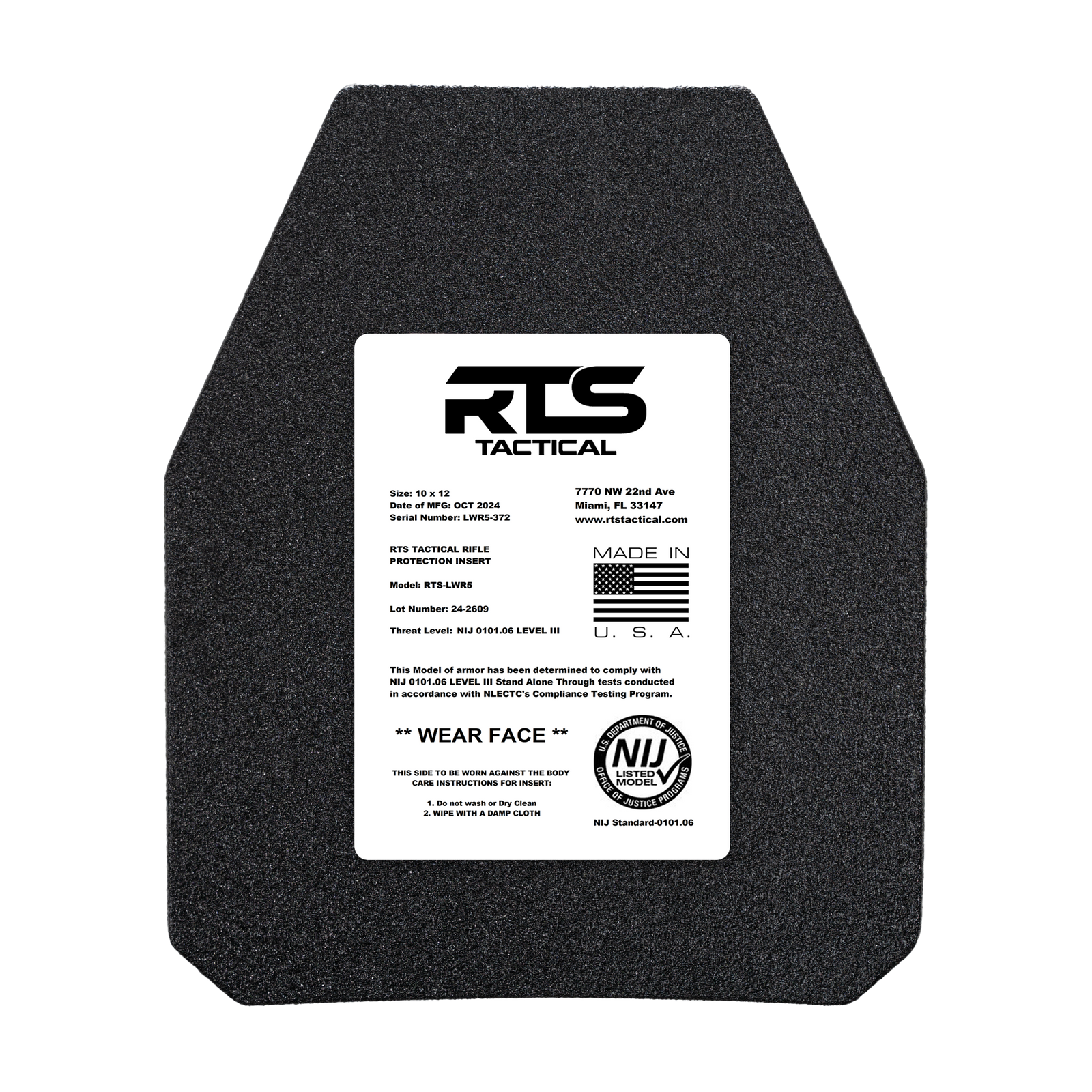 RTS Tactical LWR5 Rifle Special Threats NIJ 0101.06 Level III+ Insert - 10X12