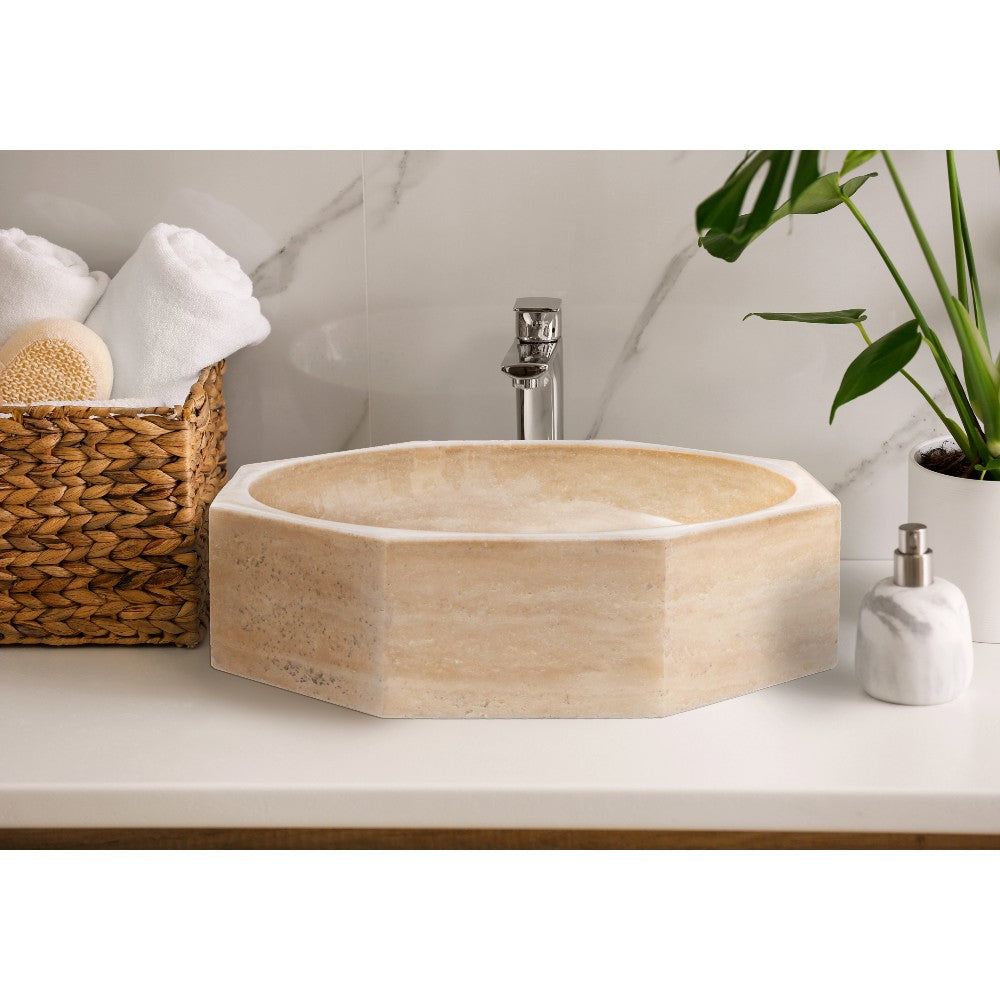 Light Beige Travertine Octagon Vessel Sink Bowl Polished (D)16" (H)5"