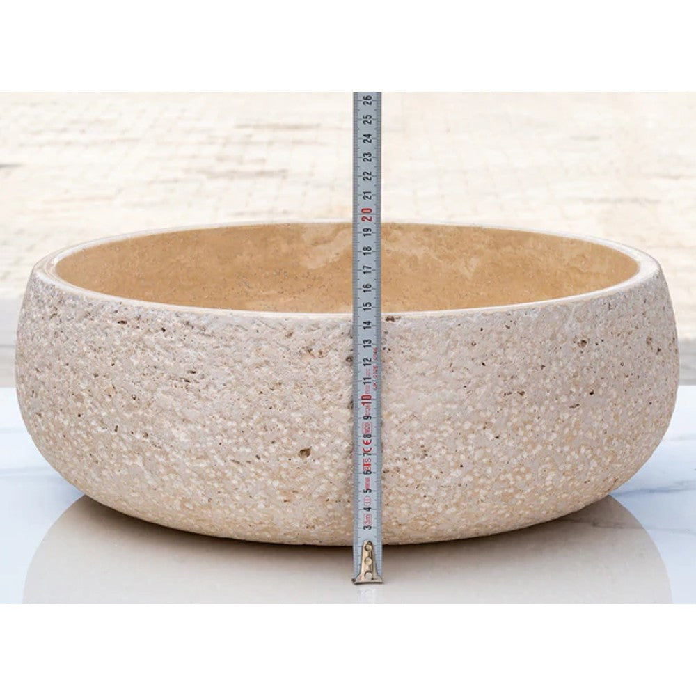 Light Beige Travertine Vessel Bathroom Sink Polished Inside and Sandblasted Outside  (D)16