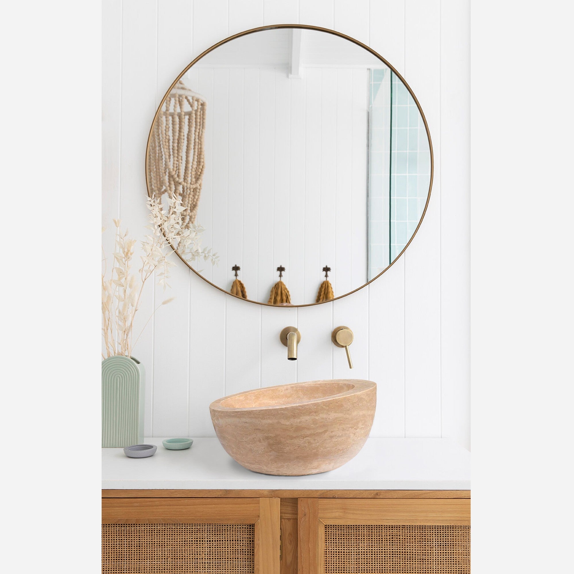 Light Beige Travertine Sloped Bathroom Vessel Sink Honed (D)16" (H1)6" (H2)8"