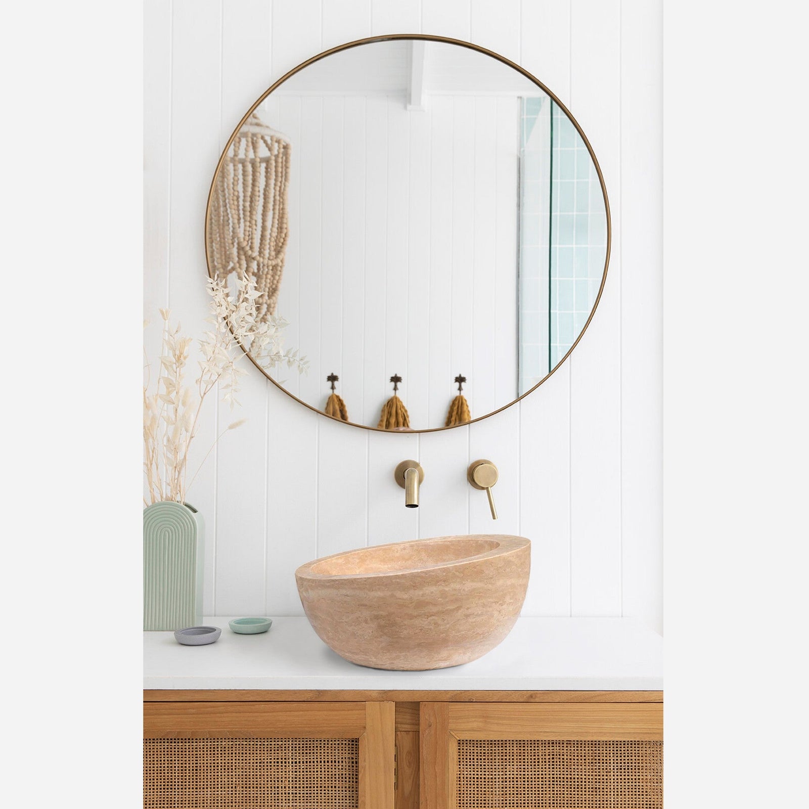 Light Beige Travertine Sloped Bathroom Vessel Sink Honed (D)16