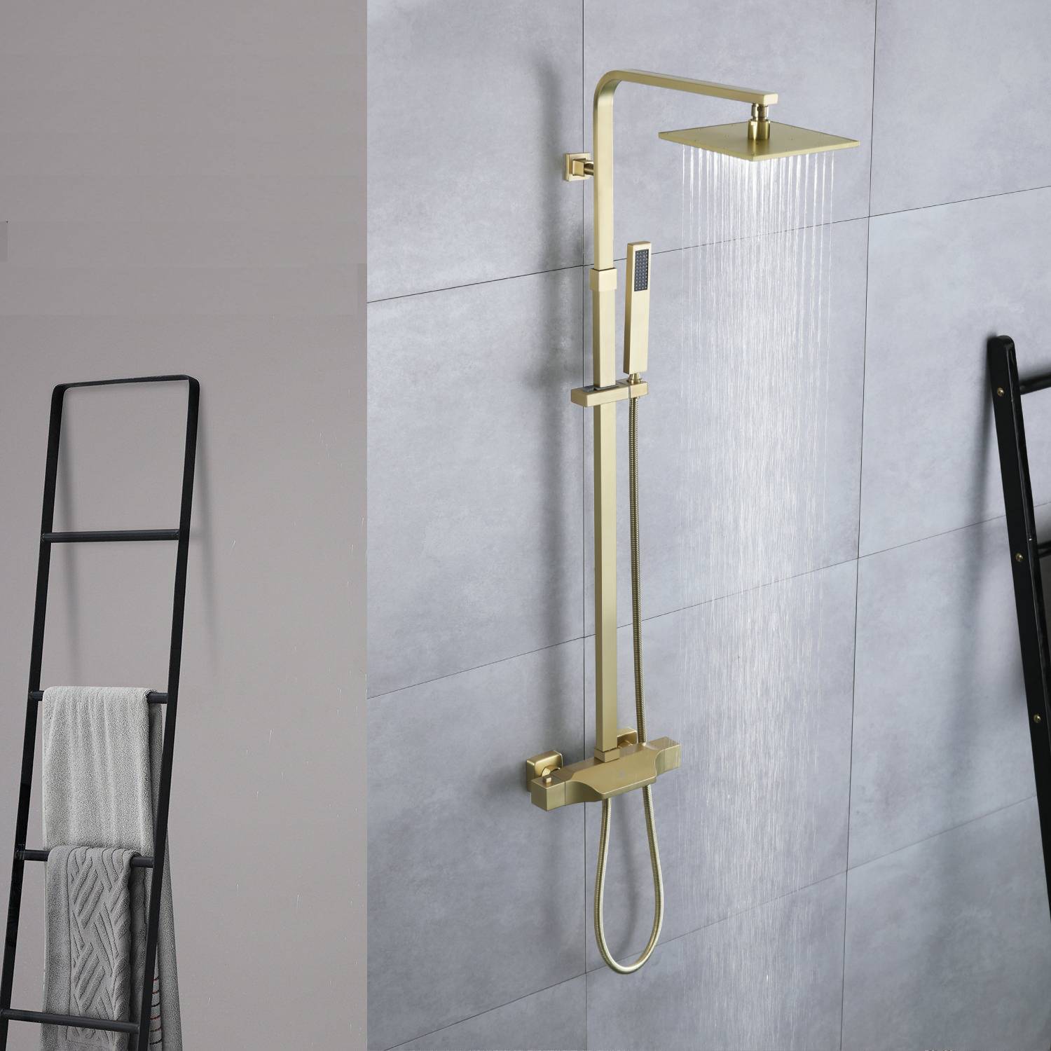 Luxurious Brushed Gold Or Matte black Wall-Mounted Thermostatic Rain Exposed Shower Set with Tub Spout