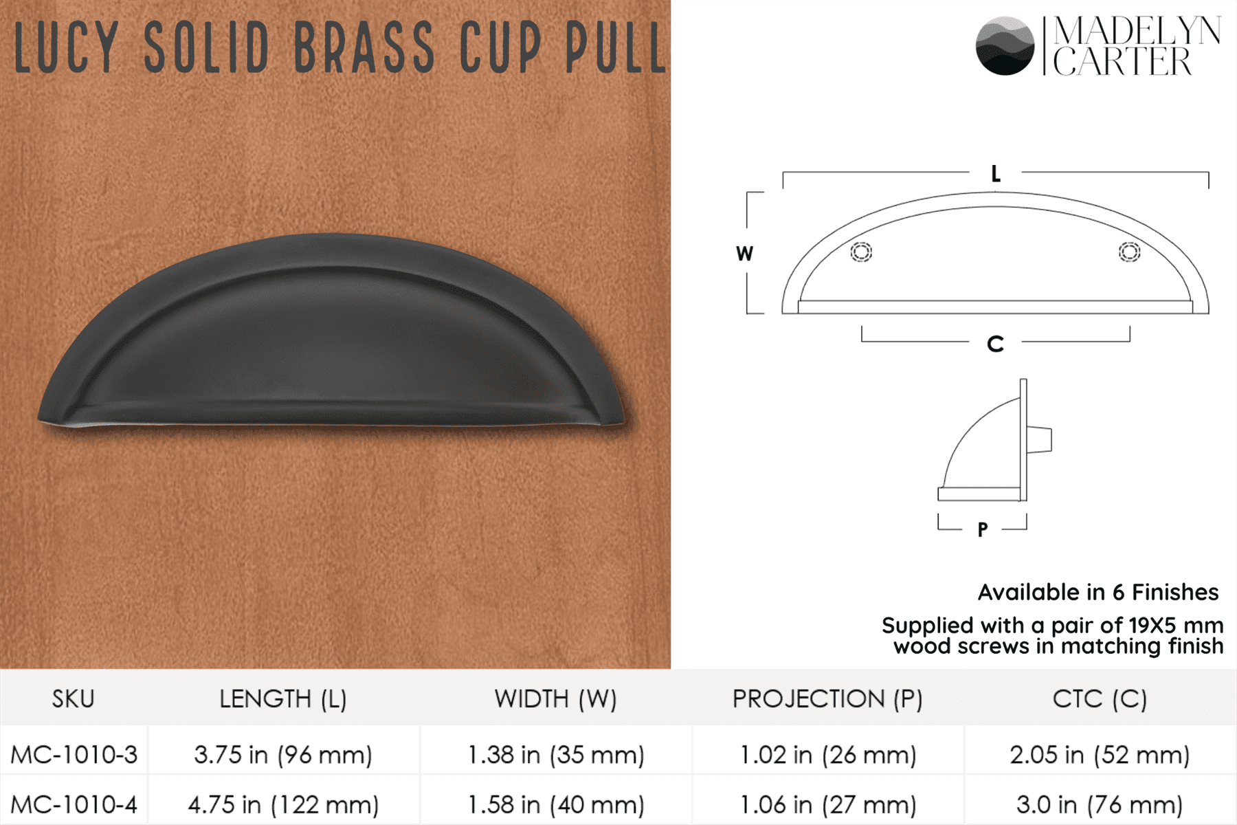 Lucy Cup Solid Brass Drawer Pull - 2 Inch Centers