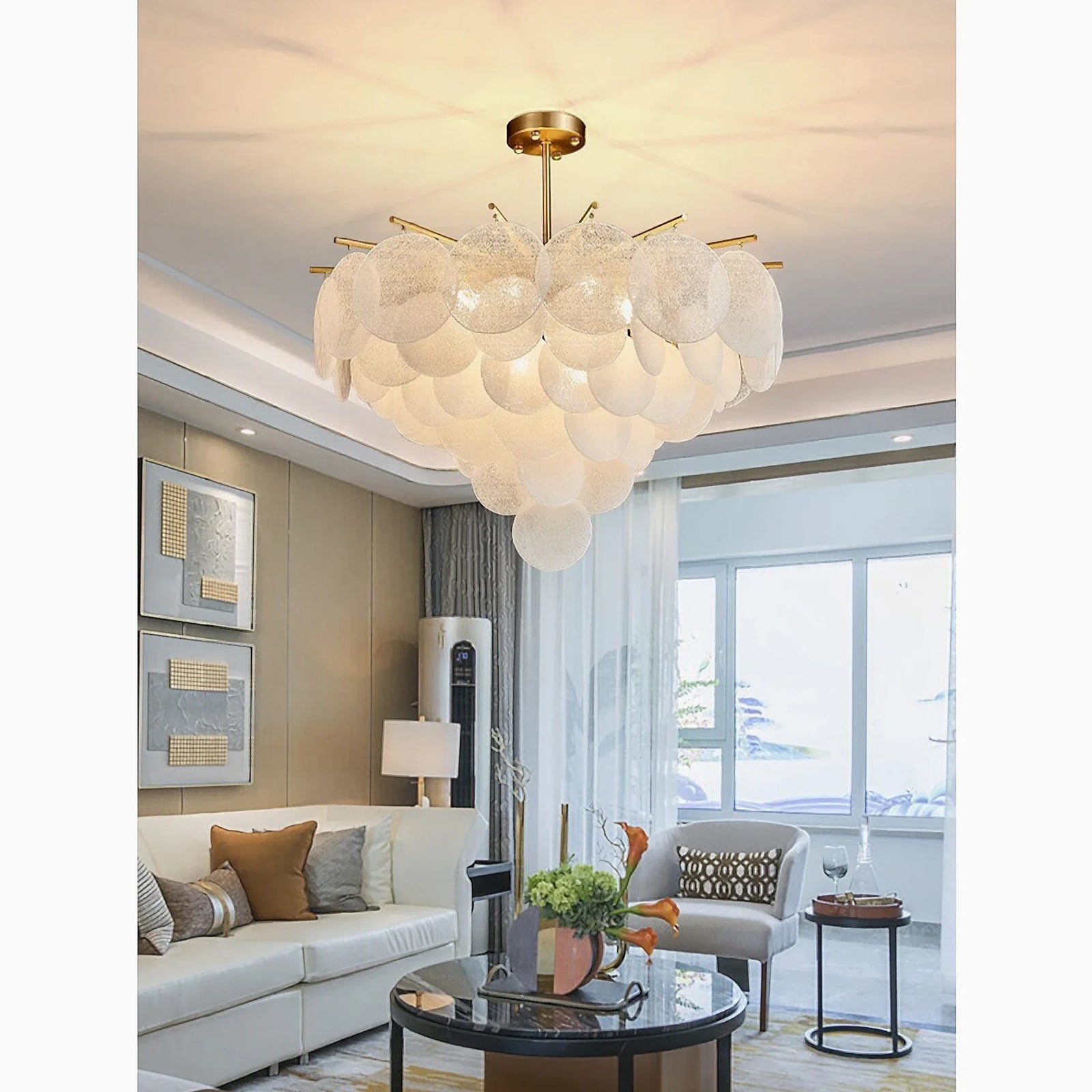 Peone | Round Obscure Glass Ceiling Chandelier