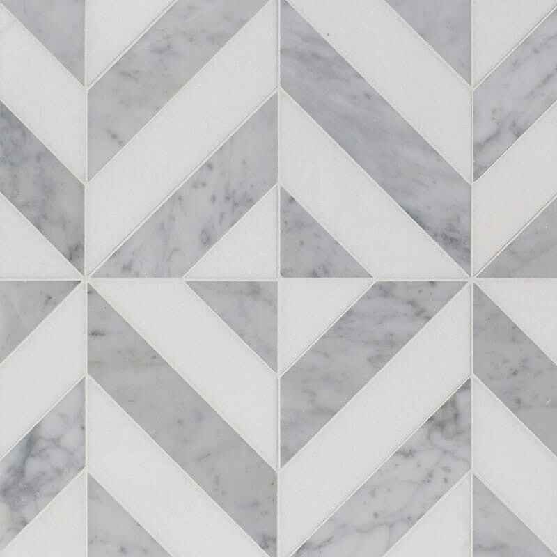 Keefer Mix 8"x8 1/16" White Carrara Multi Finish Marina Chevron Marble Mosaic