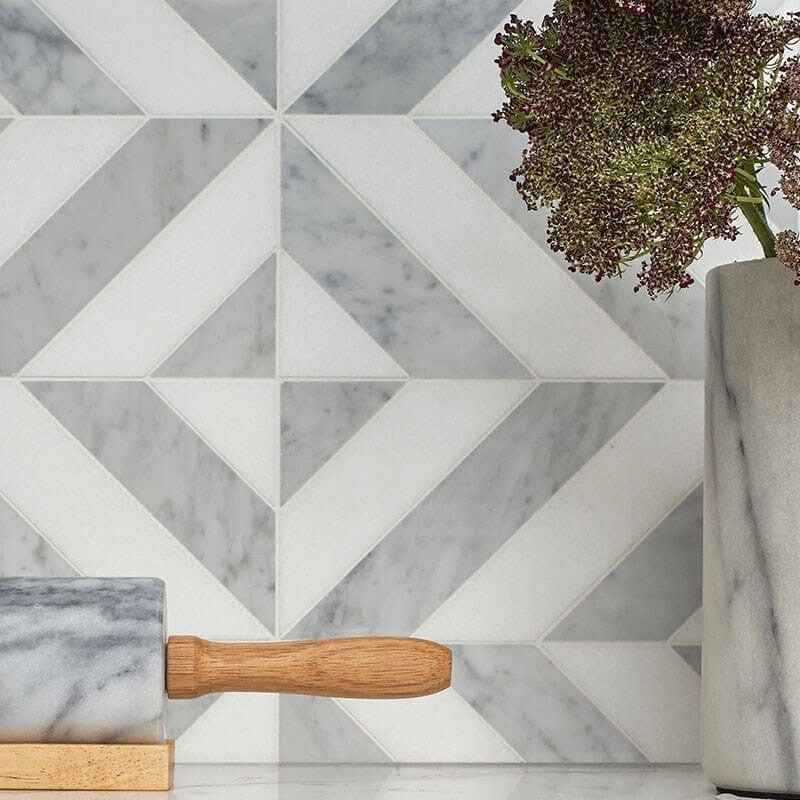 Keefer Mix 8"x8 1/16" White Carrara Multi Finish Marina Chevron Marble Mosaic