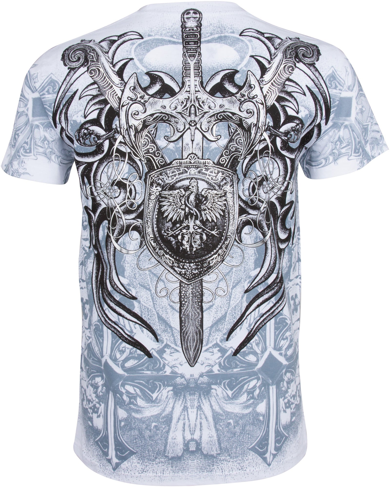 Sakkas Cross, Sword and Shield Metallic Silver Embossed Cotton Mens T-Shirt