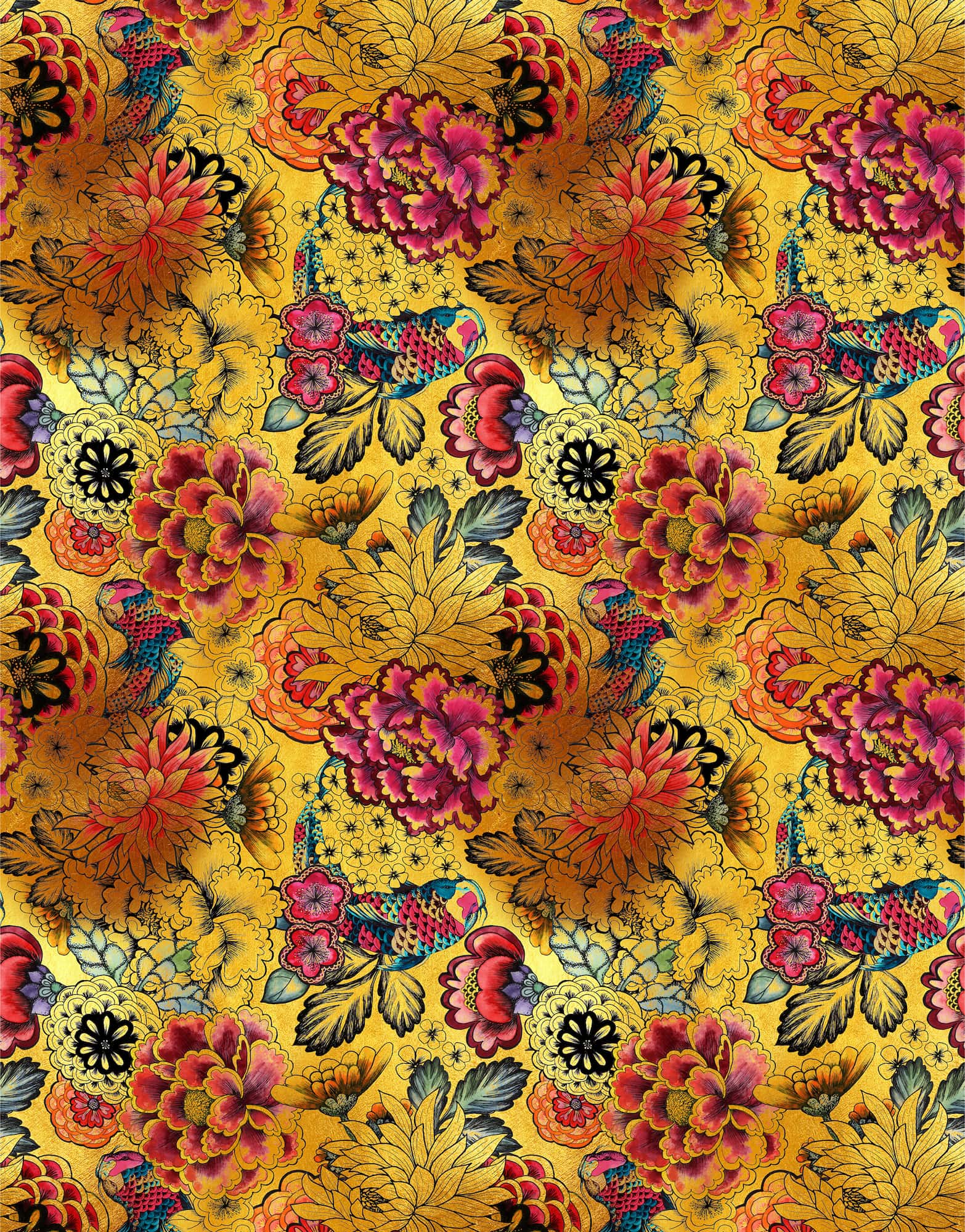 Japanese Art Koi Fish Peel and Stick Wallpaper. Gold Flowers Background.  Removable Wall Mural #6192