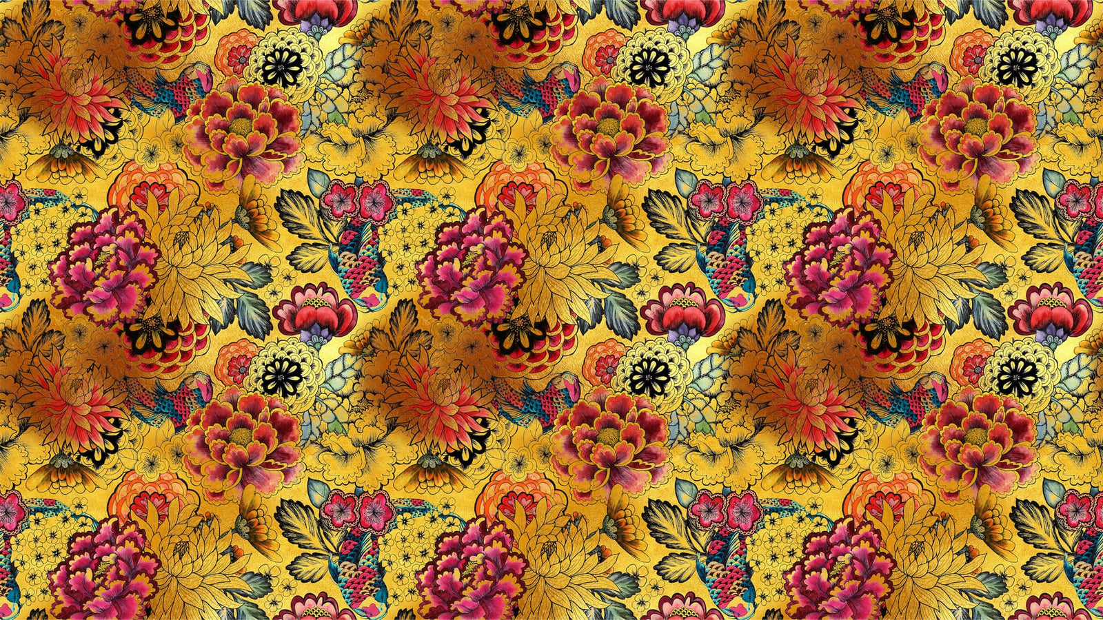 Japanese Art Koi Fish Peel and Stick Wallpaper. Gold Flowers Background.  Removable Wall Mural #6192