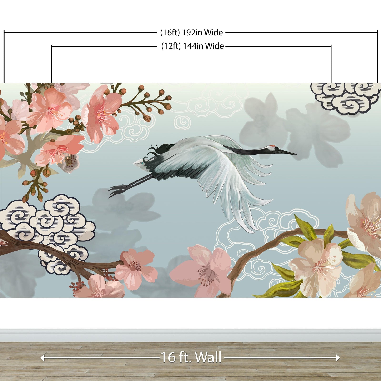 Manchurian Crane Flying Over Cherry Blossoms Peel and Stick Wallpaper | Removable Wall Mural. #6205