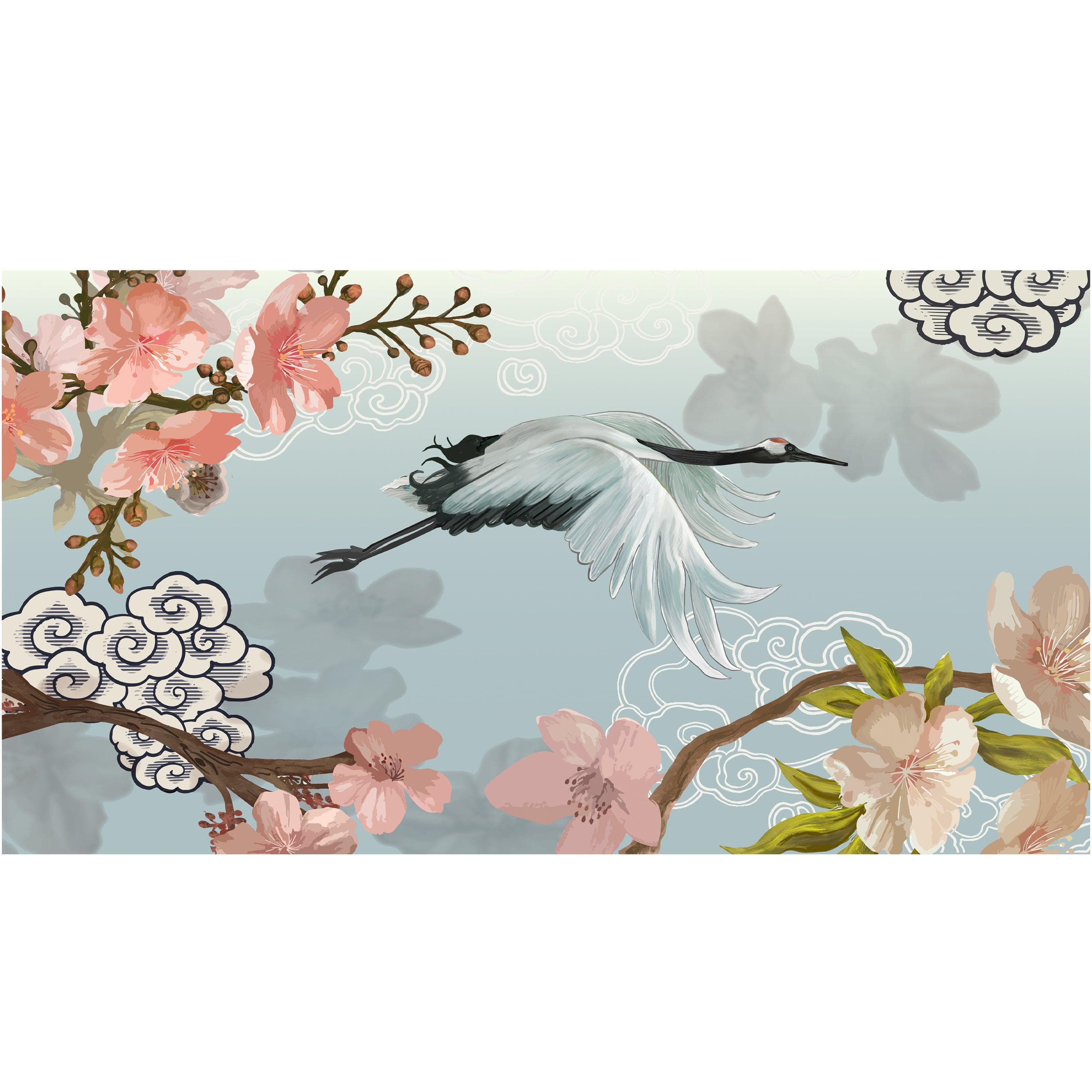 Manchurian Crane Flying Over Cherry Blossoms Peel and Stick Wallpaper | Removable Wall Mural. #6205
