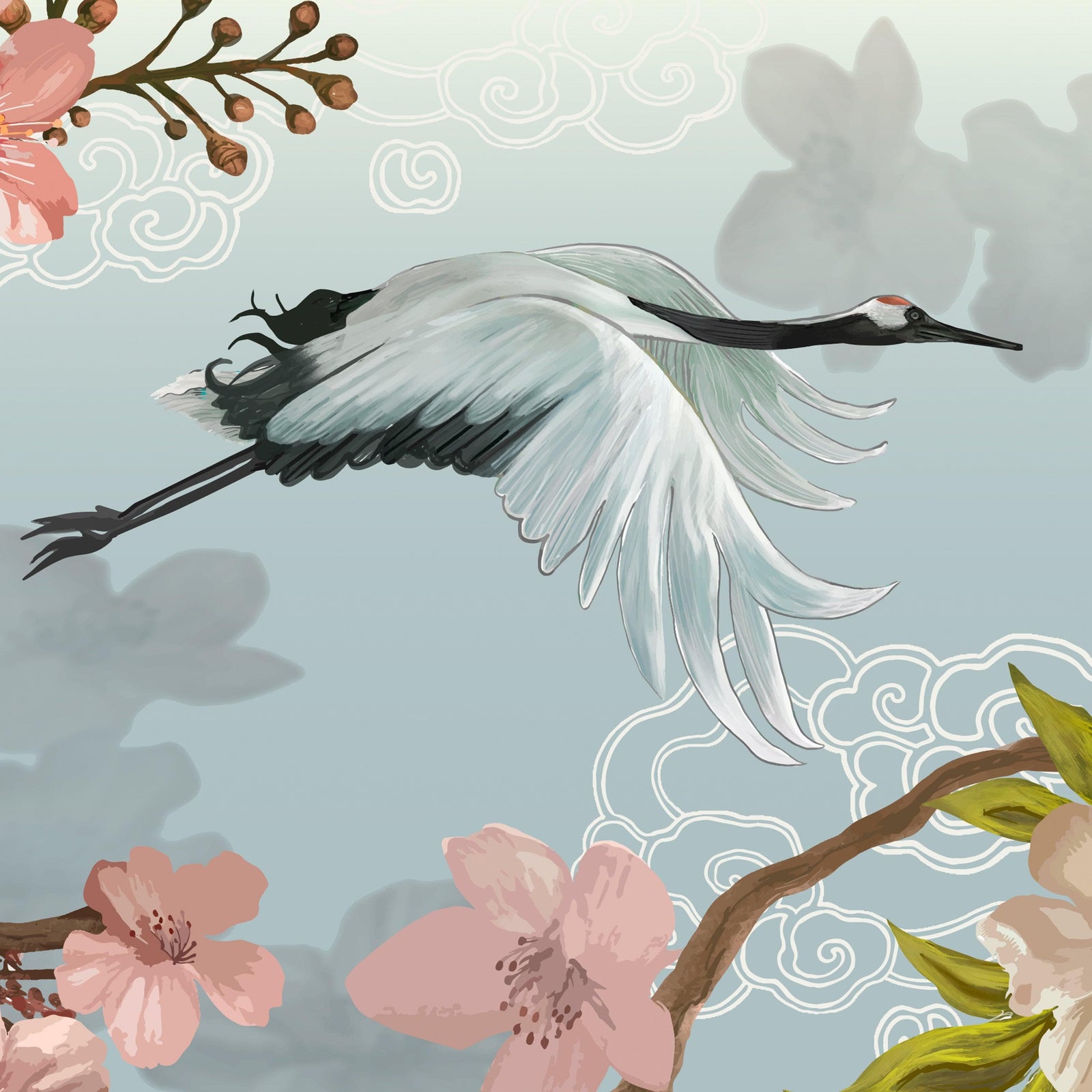 Manchurian Crane Flying Over Cherry Blossoms Peel and Stick Wallpaper | Removable Wall Mural. #6205