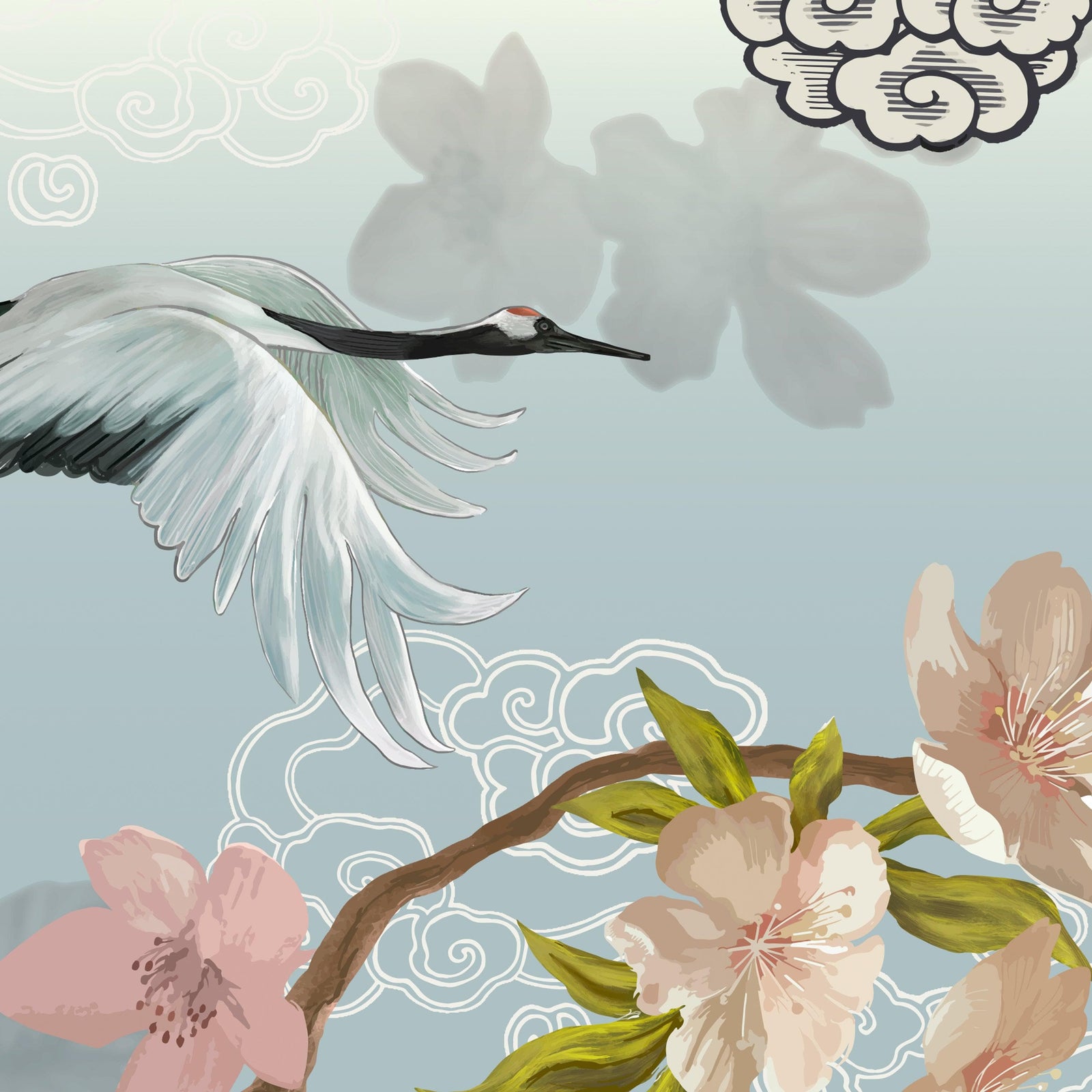 Manchurian Crane Flying Over Cherry Blossoms Peel and Stick Wallpaper | Removable Wall Mural. #6205