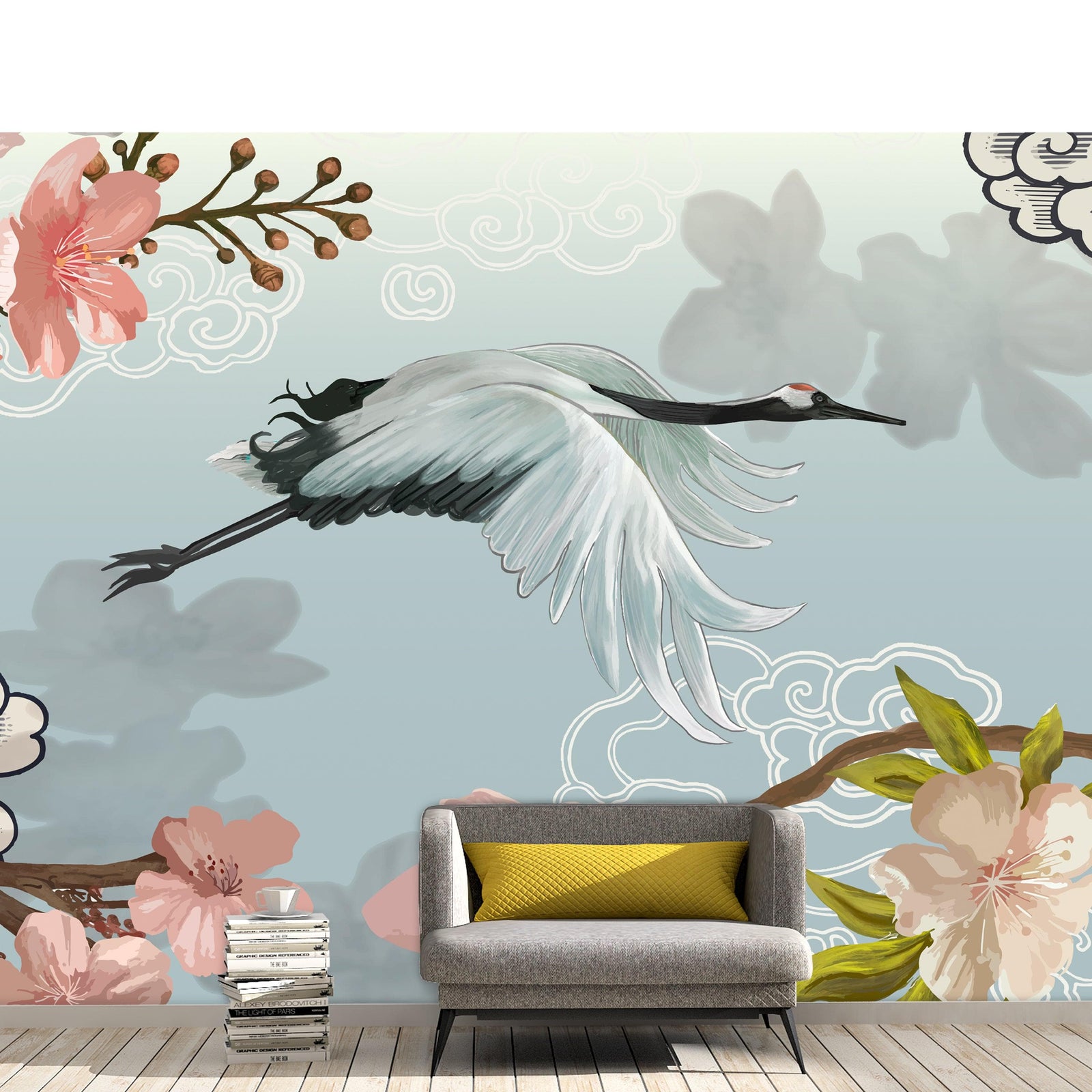 Manchurian Crane Flying Over Cherry Blossoms Peel and Stick Wallpaper | Removable Wall Mural. #6205