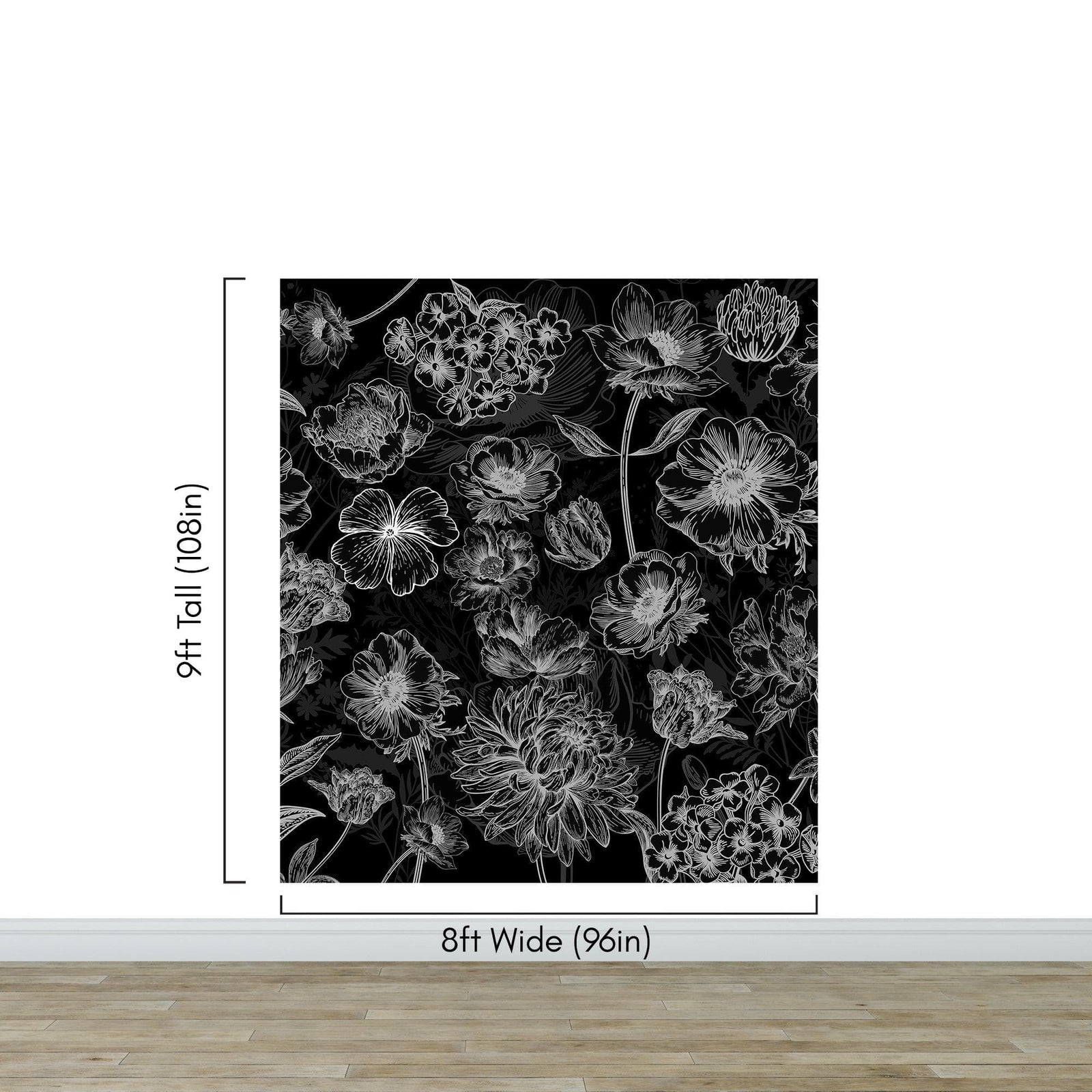 Black Floral Background, Black and White Flower Wallpaper Mural. #6677