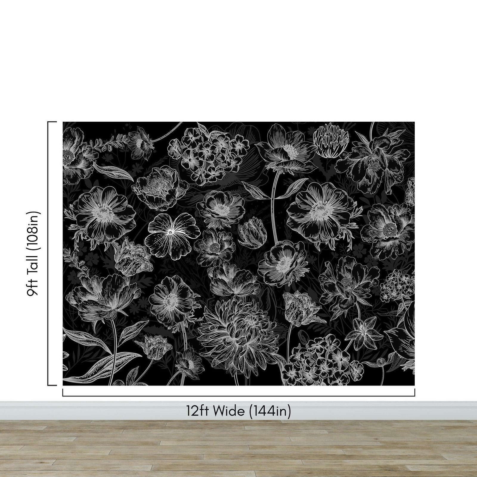 Black Floral Background, Black and White Flower Wallpaper Mural. #6677