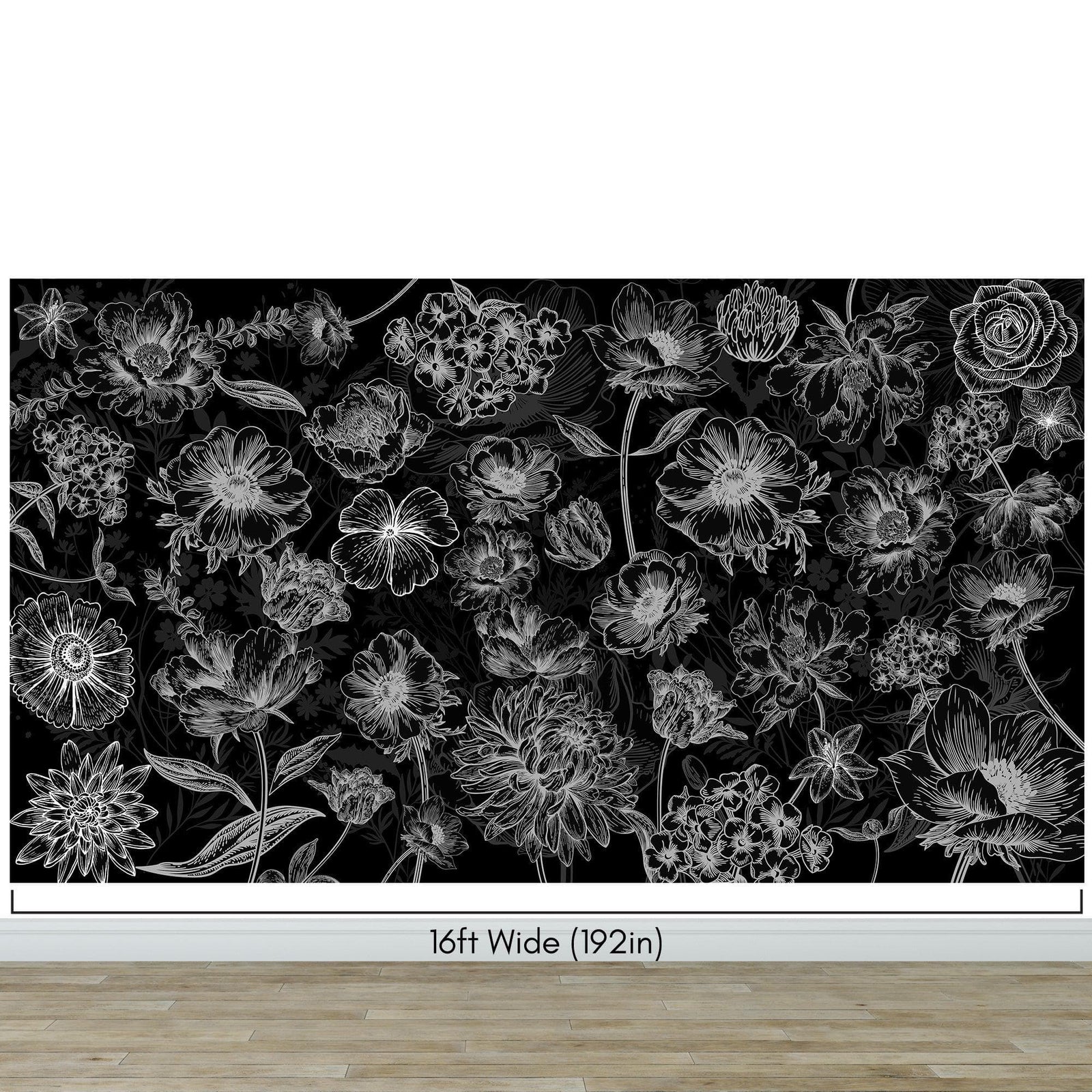 Black Floral Background, Black and White Flower Wallpaper Mural. #6677