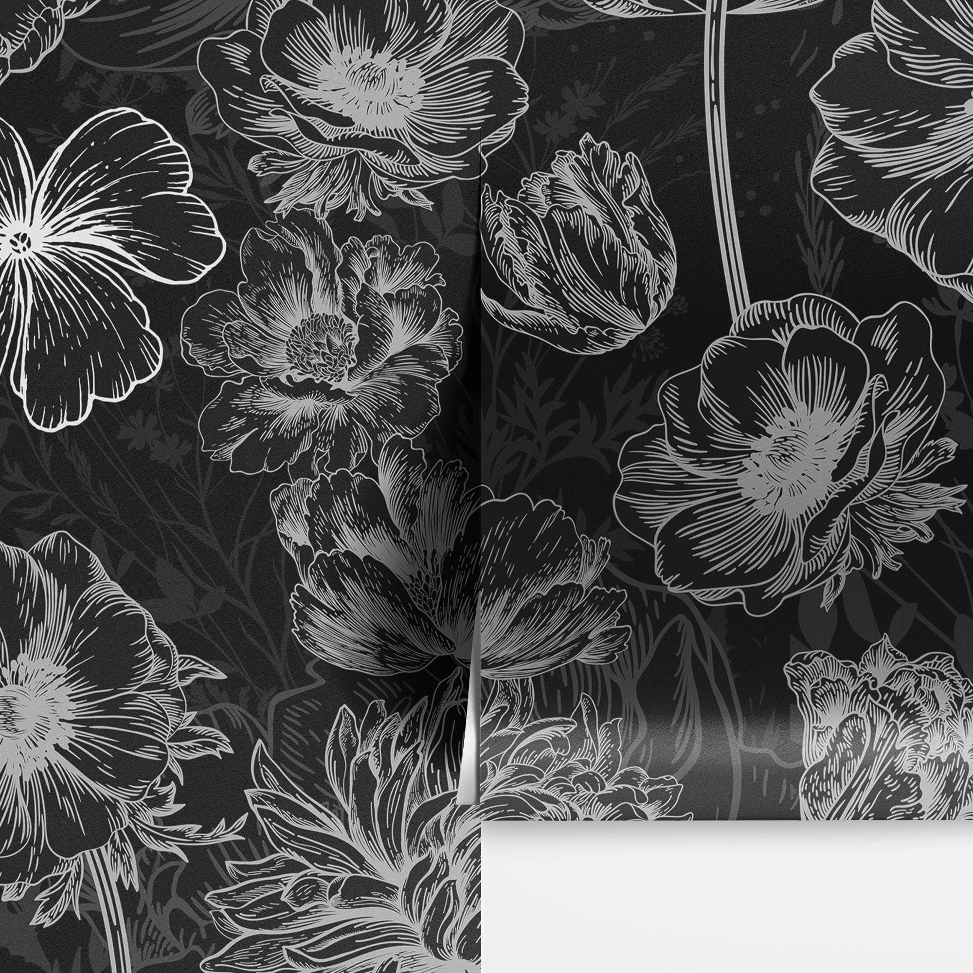 Black Floral Background, Black and White Flower Wallpaper Mural. #6677
