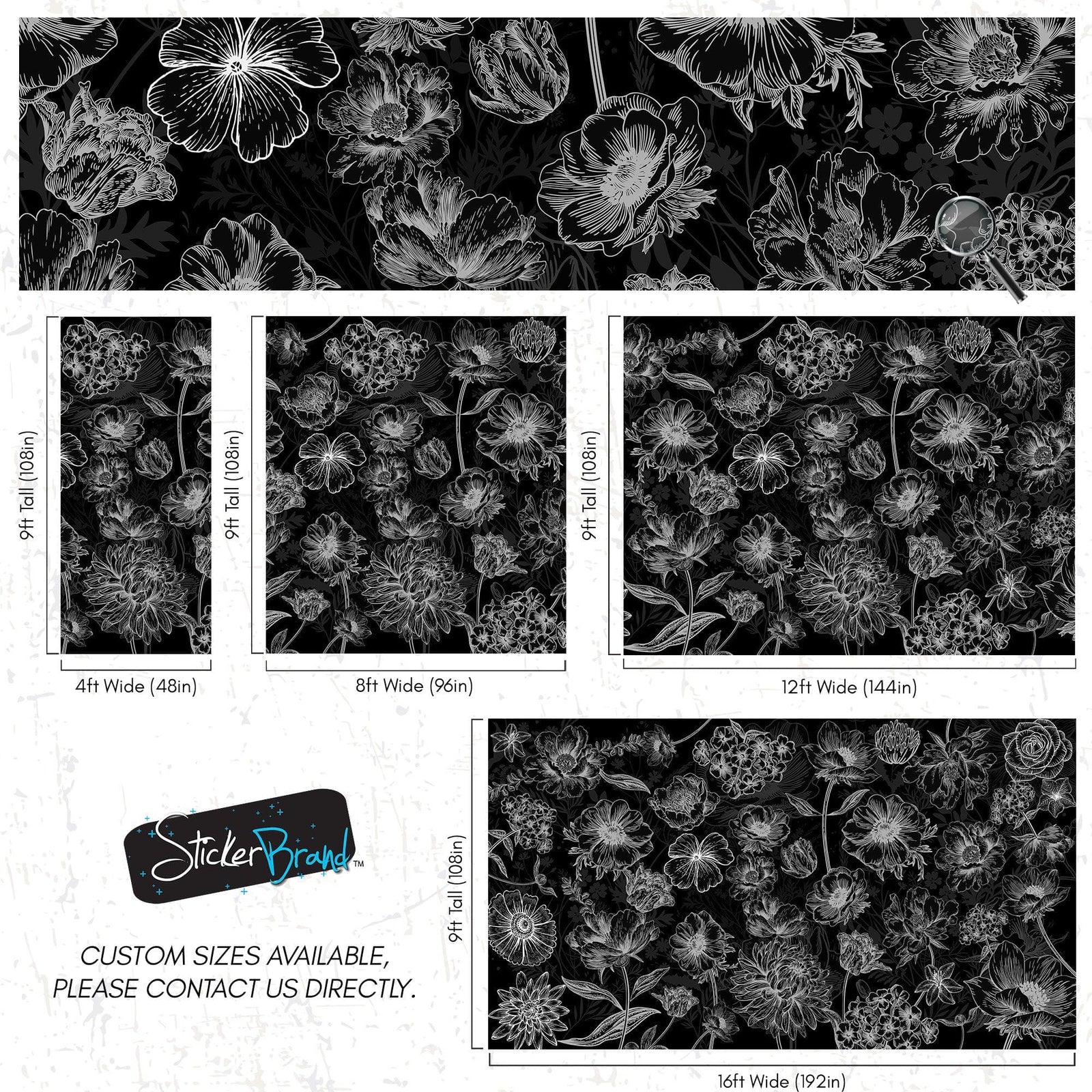 Black Floral Background, Black and White Flower Wallpaper Mural. #6677