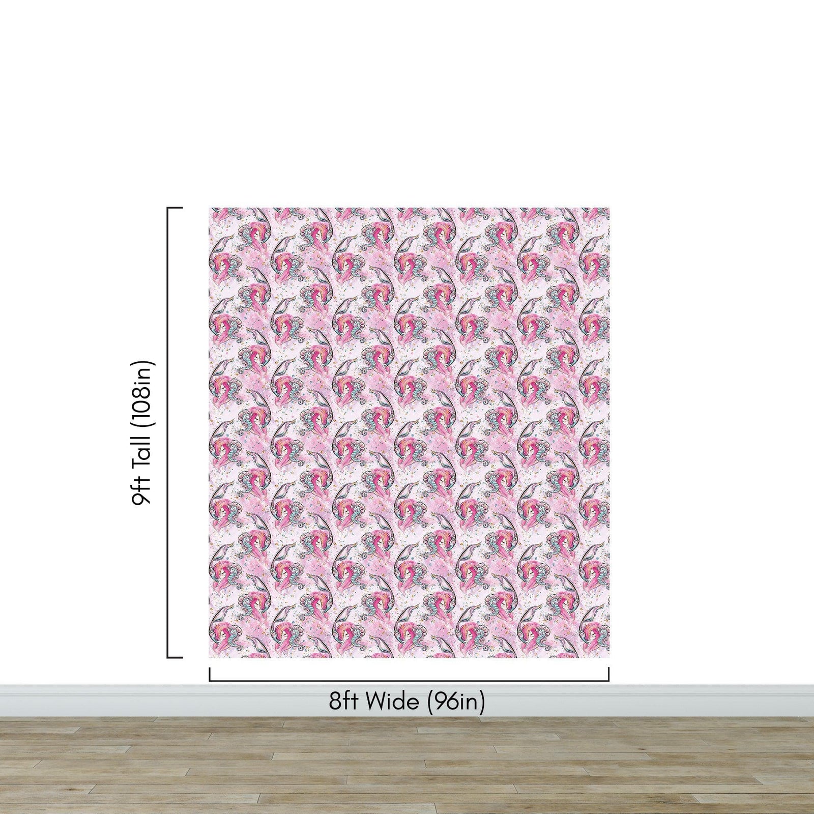 Pink Mermaid Wall Mural. Magical Cute Mermaid and Seahorse in Ocean Peel and Stick Wallpaper. #6371