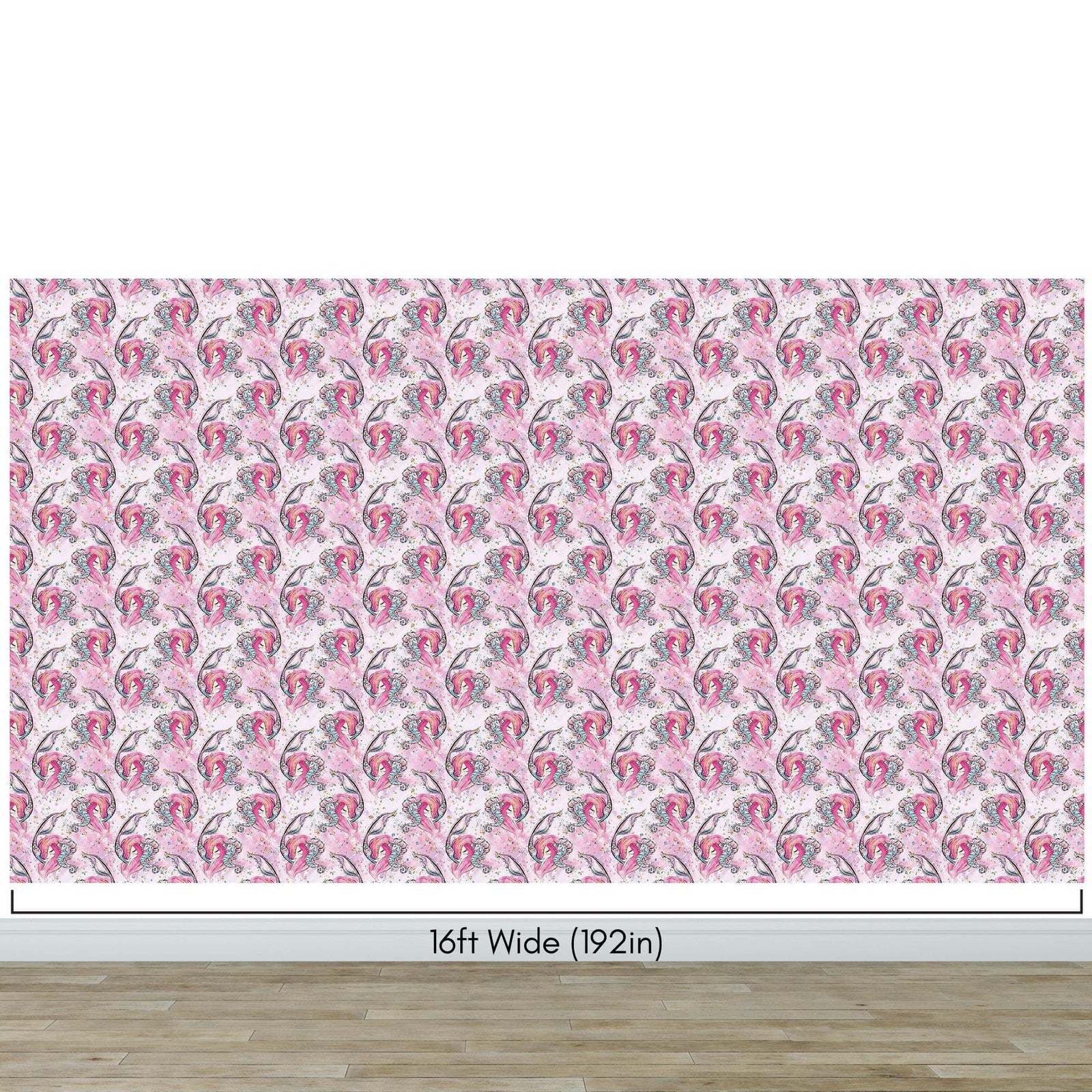 Pink Mermaid Wall Mural. Magical Cute Mermaid and Seahorse in Ocean Peel and Stick Wallpaper. #6371