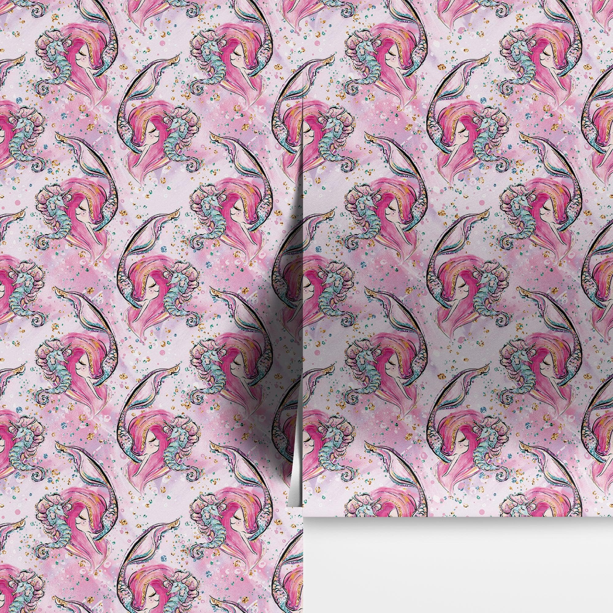 Pink Mermaid Wall Mural. Magical Cute Mermaid and Seahorse in Ocean Peel and Stick Wallpaper. #6371