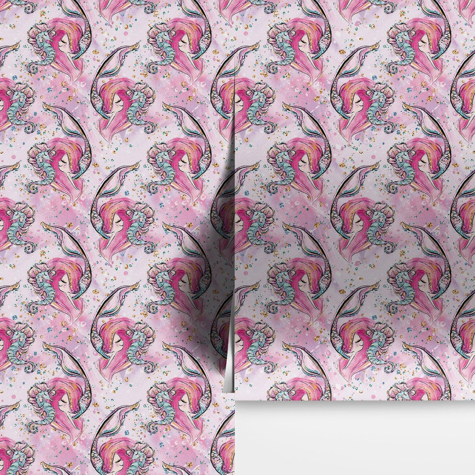 Pink Mermaid Wall Mural. Magical Cute Mermaid and Seahorse in Ocean Peel and Stick Wallpaper. #6371