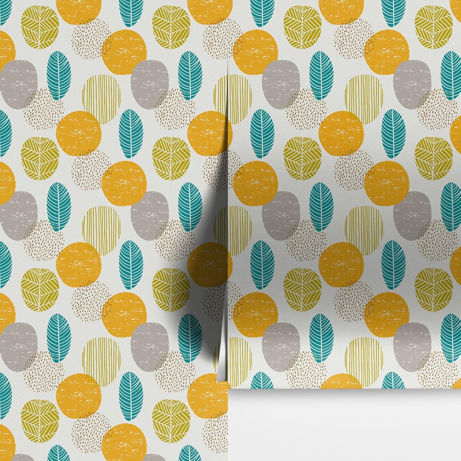 Autumn Leaves Wallpaper. Yellow, Grey, Teal Leaf Wall Mural. #6966