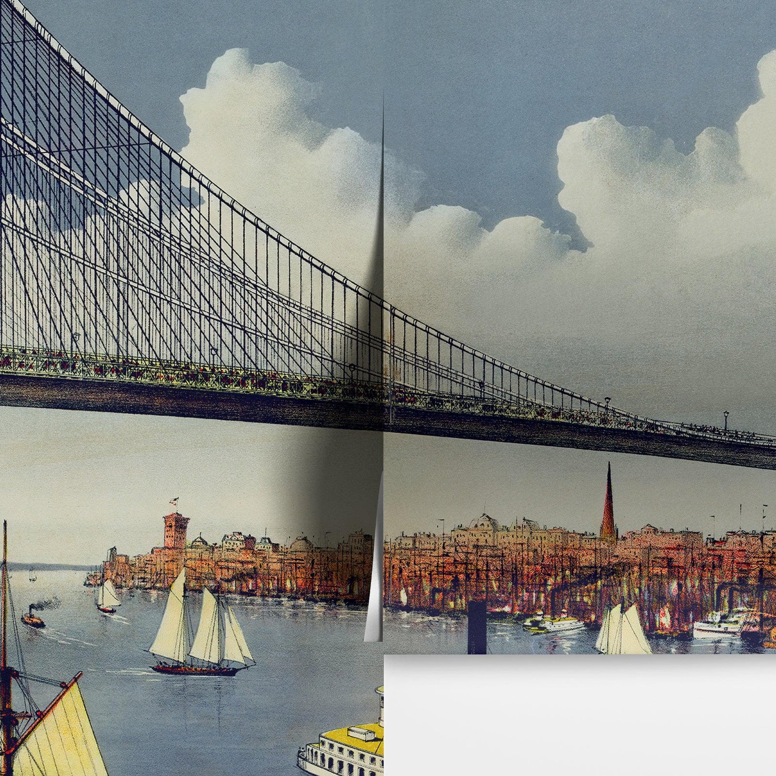 Vintage Brooklyn Bridge Illustration Wallpaper Mural - The Great East River Suspension Bridge. #6408