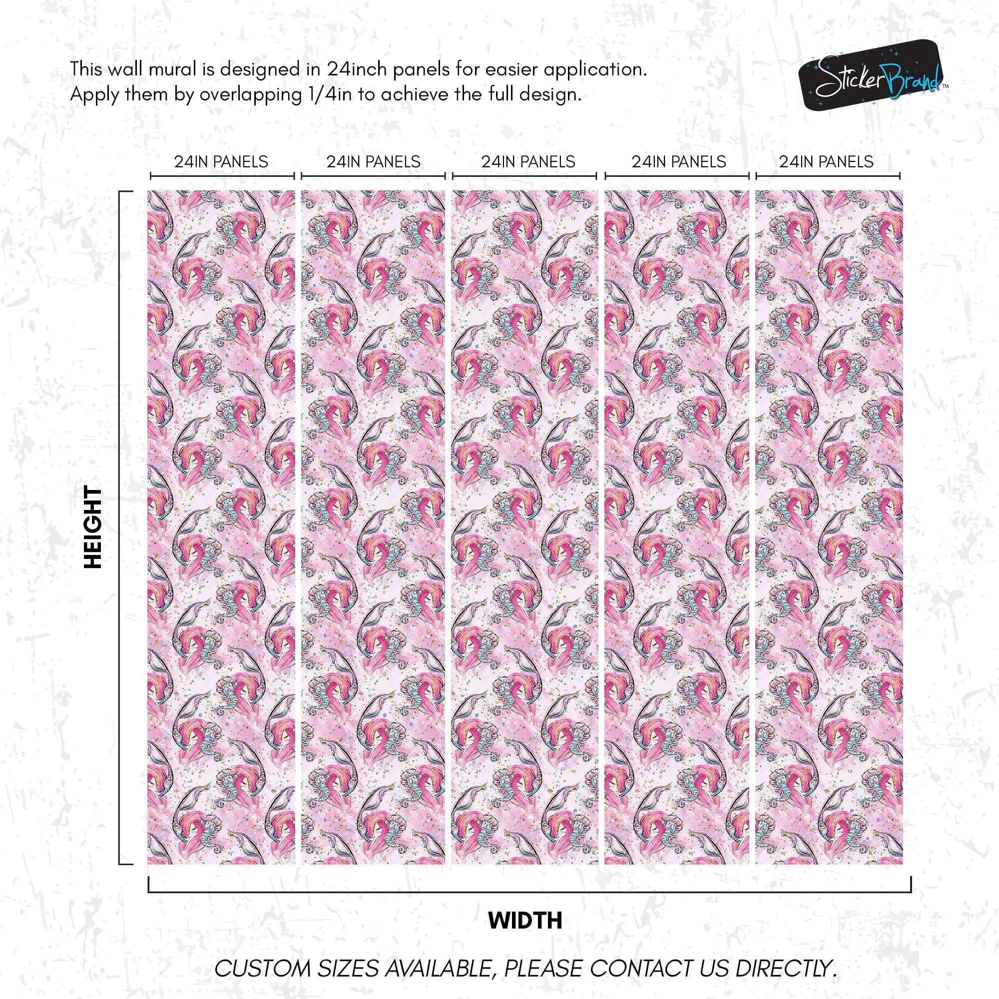 Pink Mermaid Wall Mural. Magical Cute Mermaid and Seahorse in Ocean Peel and Stick Wallpaper. #6371