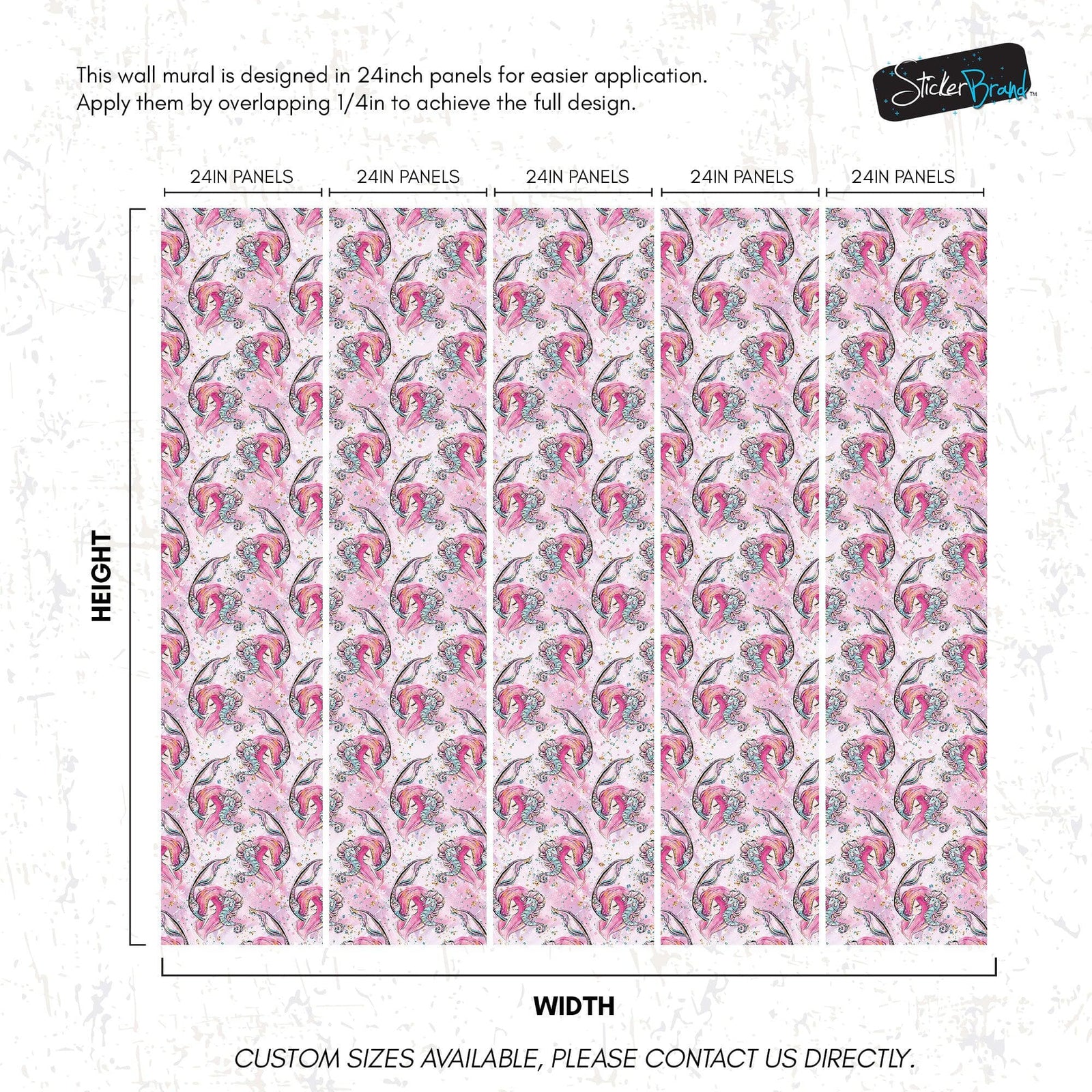 Pink Mermaid Wall Mural. Magical Cute Mermaid and Seahorse in Ocean Peel and Stick Wallpaper. #6371