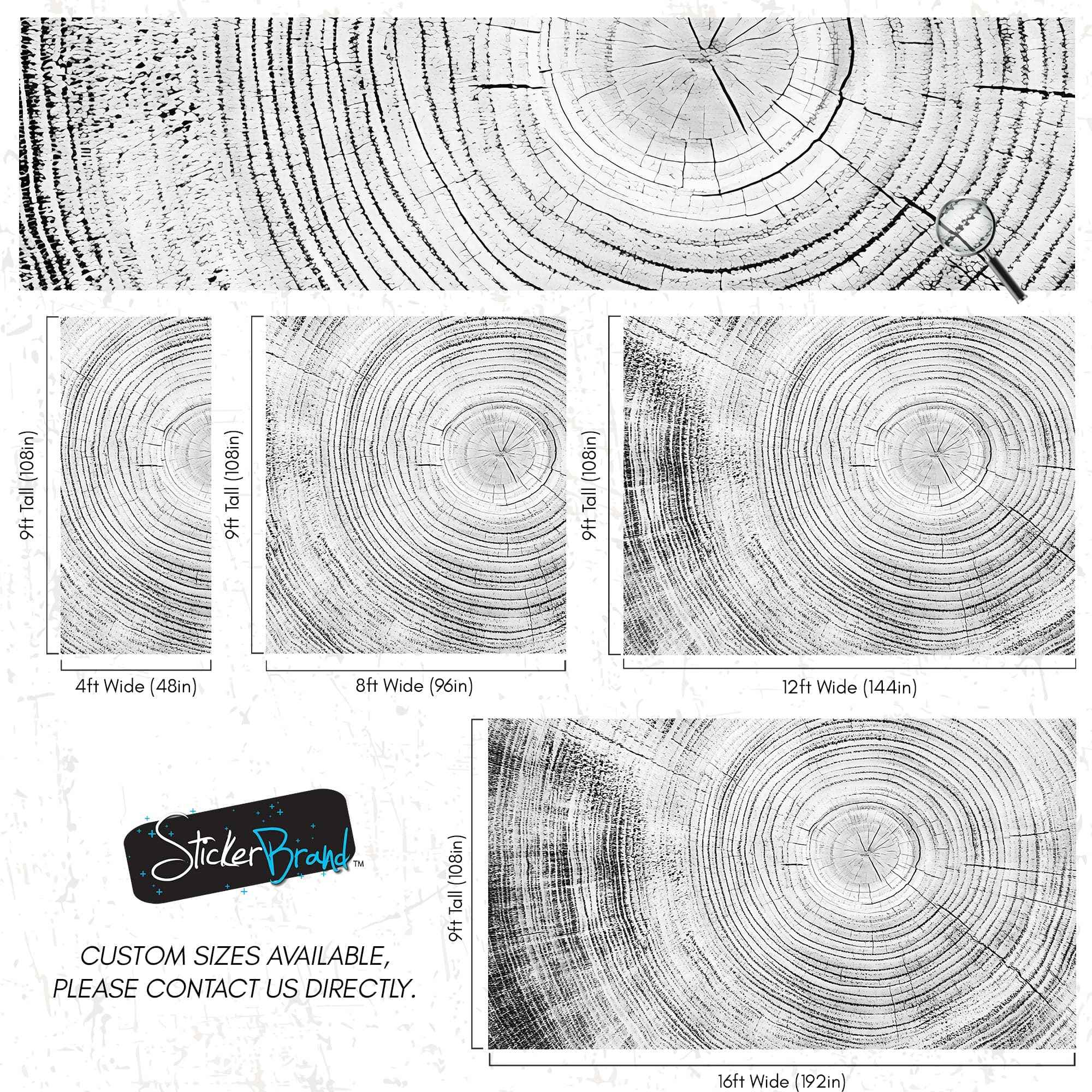 Tree Rings Wallpaper Mural. Black and White  Modern Wood Grain Circle Pattern. #7022