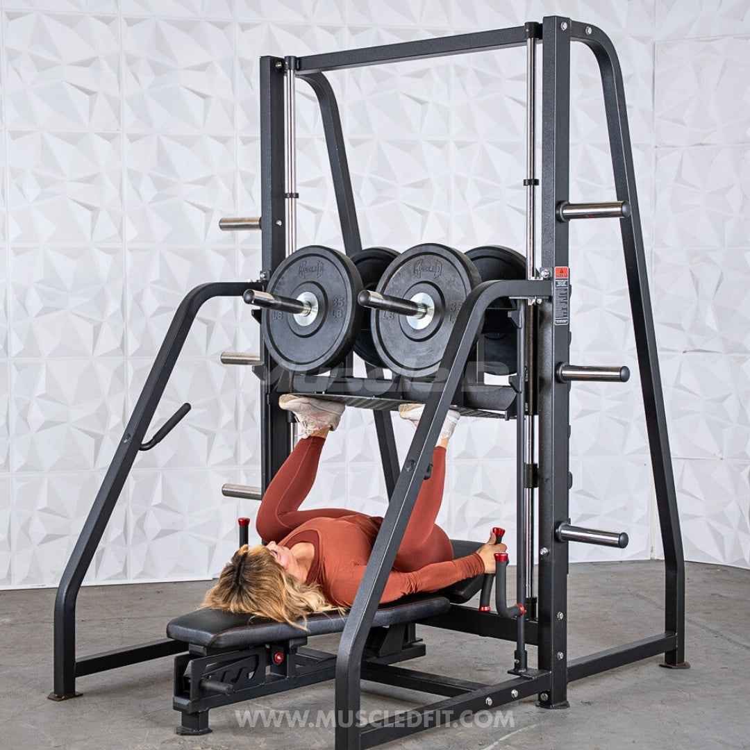 Excel Vertical Leg Press - Muscle D Fitness - Plate Load Leg Press - Adjustabe Back Pad - Weight Storage Pegs - Safety stops