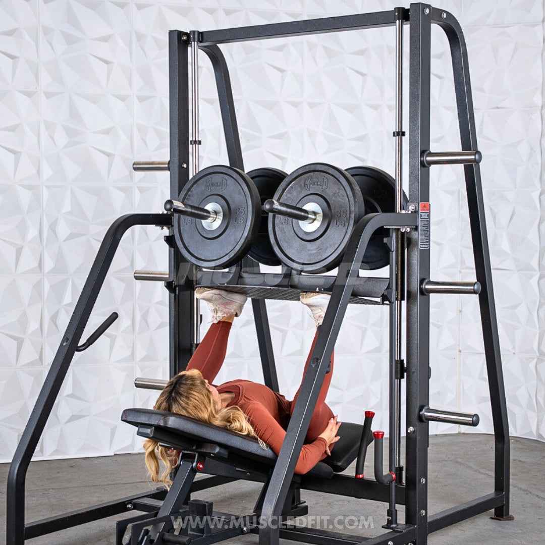 Excel Vertical Leg Press - Muscle D Fitness - Plate Load Leg Press - Adjustabe Back Pad - Weight Storage Pegs - Safety stops