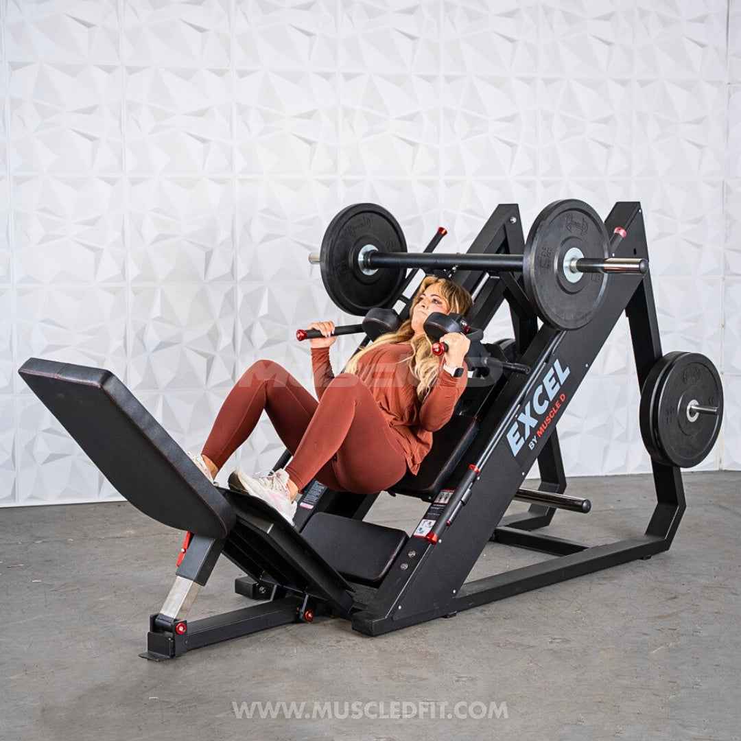 Excel Linear Hack/Leg Press - Muscle D Fitness - Plate Load Hack Squat Combo - Weight Storage Pegs - Adjustable Foot Plate / Back Pad